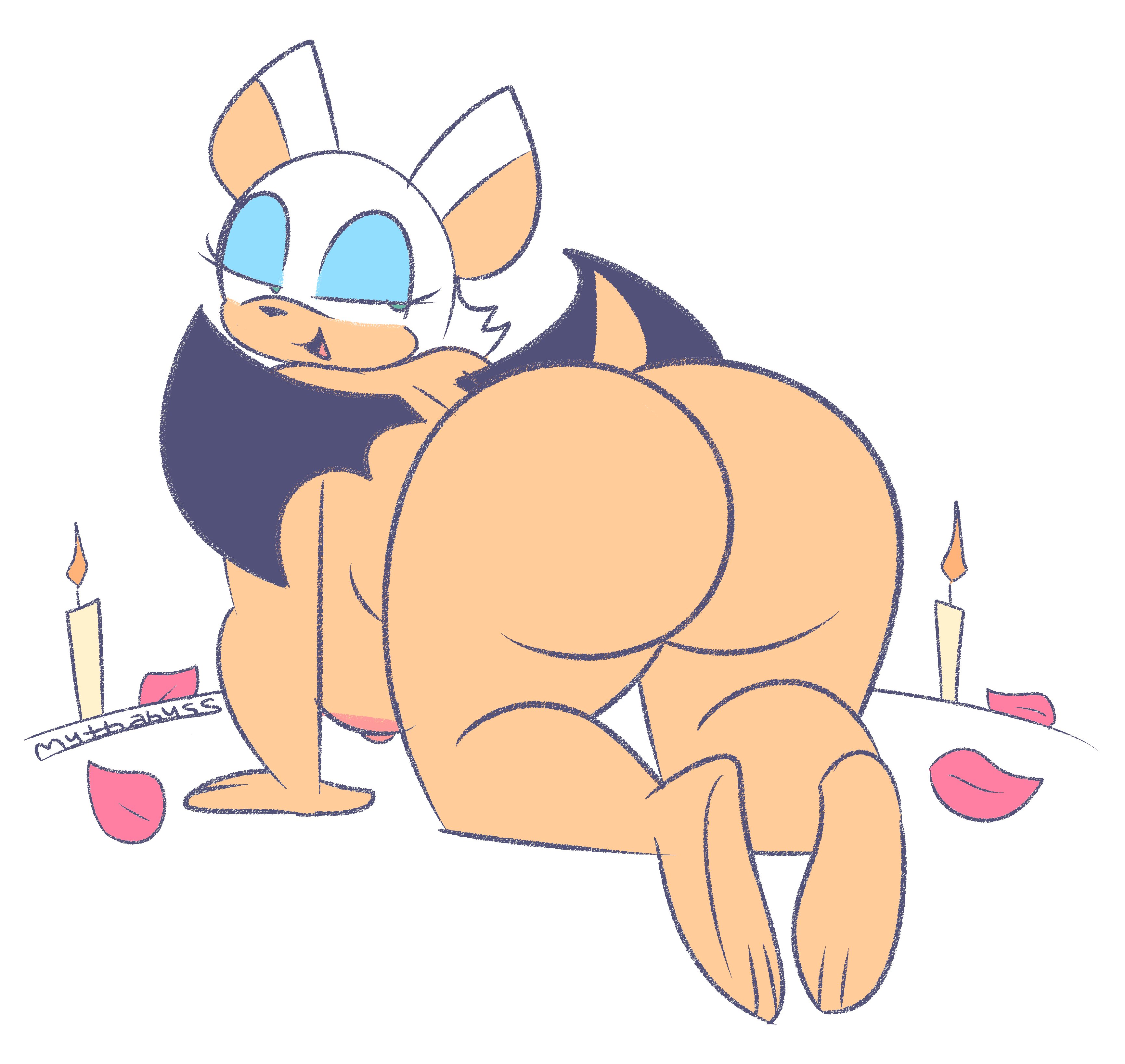1girls, all fours, ass, bat, big ass, big breasts, breasts, bubble ass, bubble butt, candle, chiropteran, fat ass, female, female only, flower petals, green eyes, half-closed eyes, huge ass, huge breasts, looking at viewer, looking back, mythabyss, nipples, rouge the bat, sega, smile, solo, sonic (series), sonic the hedgehog (series), thick thighs, wings