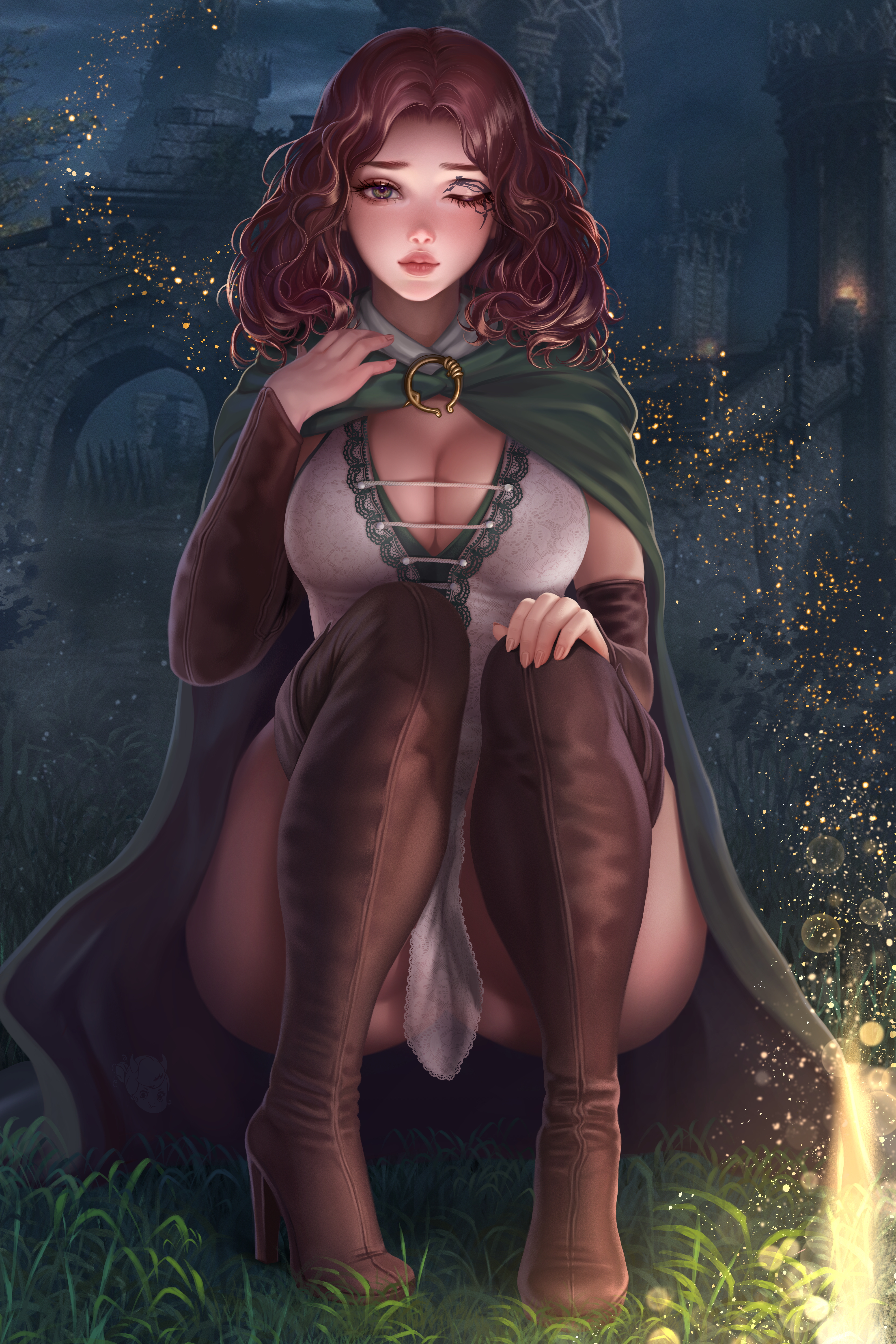 armwear, ass, ass visible through thighs, big ass, big breasts, blush, boots, breasts, brown hair, cape, cleavage, cloak, clothing, crouching, curly hair, detailed background, dress, elden ring, facial mark, female, female only, fromsoftware, high heel boots, high heels, human, lace, legwear, looking at viewer, medium breasts, medium hair, melina (elden ring), one eye closed, outdoors, outerwear, outside, pale skin, prywinko, public, site of grace, sleeveless, solo, thigh boots, wide hips