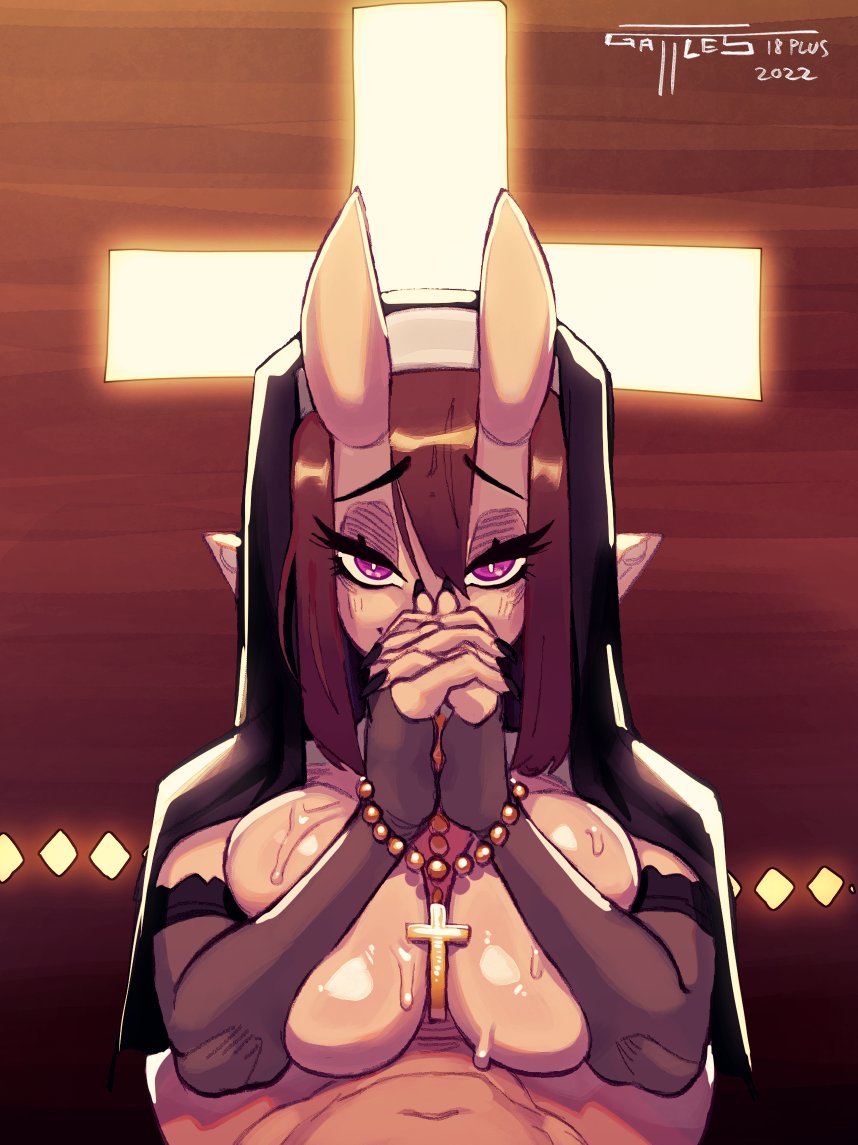 1boy 1girls armwear breast_press breasts brown_hair female female_focus gattles hands-free horns long_hair looking_at_viewer male mana_(florazarts) narrowed_eyes nun nun's_habit oni oni_horns original paizuri pink_eyes pointy_ears pov pov_eye_contact praying rosary smiling_at_viewer titjob