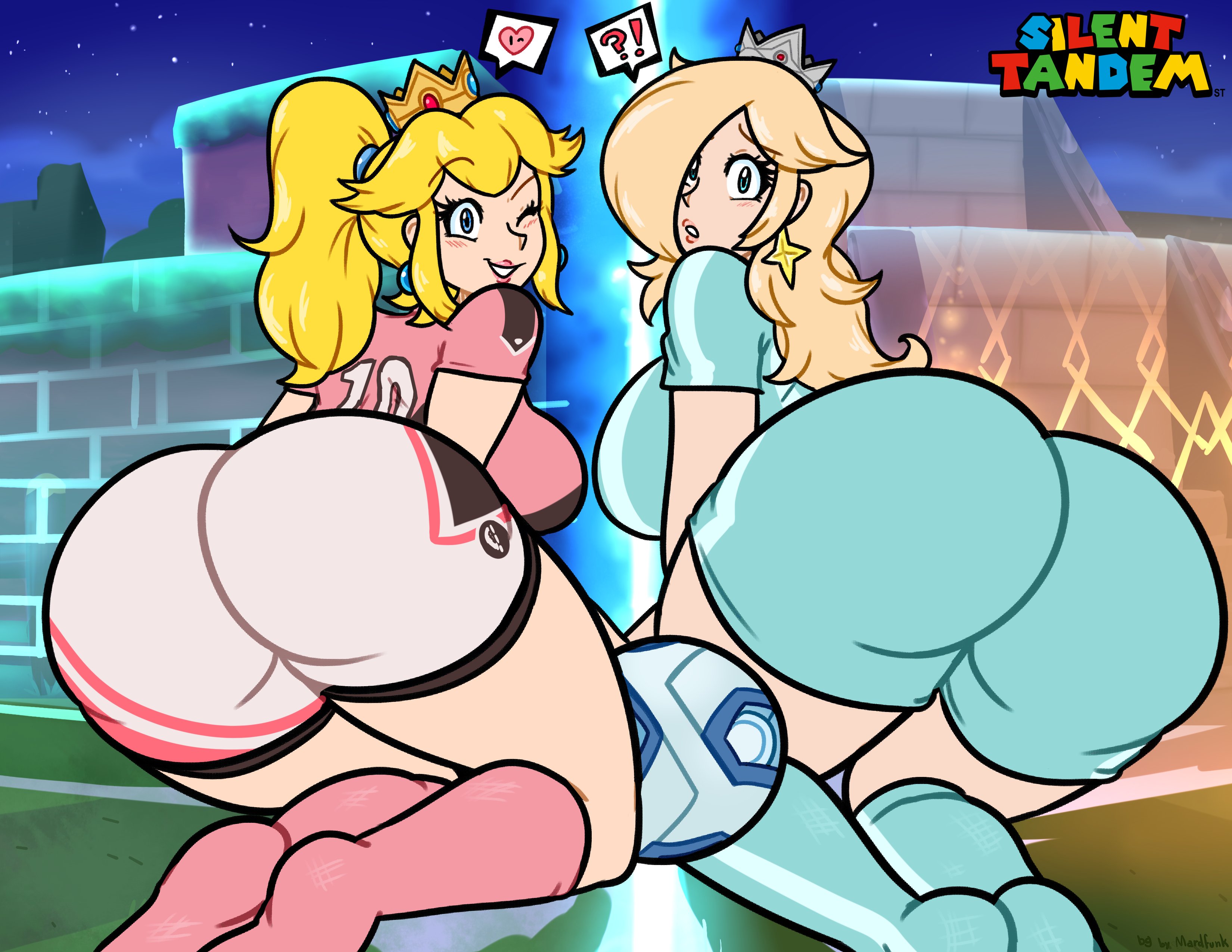 ?!, 2girls, alternate costume, ass, ass focus, big ass, big breasts, blonde female, blonde hair, blue eyes, blue shorts, blush, breasts, brown hair, bubble ass, bubble butt, clothed, clothing, duo, female, female only, football, football player, football uniform, fully clothed, large ass, long hair, looking at viewer, looking back, mario (series), mario strikers, nintendo, princess peach, princess rosalina, seductive, shorts, silenttandem, smile, soccer, soccer ball, socks, sports uniform, sportswear, thick thighs, voluptuous, white shorts, wide hips