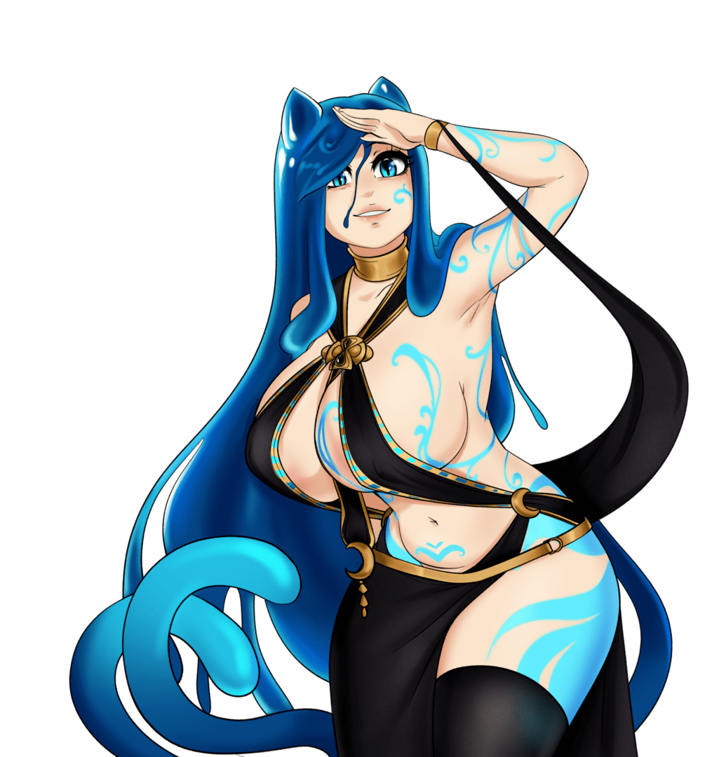 1girls artwithmoira big_breasts blue_eyes blue_hair body_markings bracelet cat_ears choker corruption_of_champions corruption_of_champions_ii dancer_outfit female goo_hair harem_outfit monster_girl nihara_(coc2) slime_girl tail thick_thighs