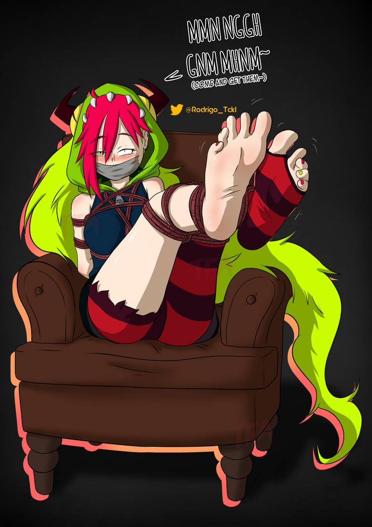 barefoot bondage cartoon_network demencia_(villainous) feet female female_focus foot_fetish gag multicolored_hair multicolored_toenails red_toenails rodrigo_tckl rope_bondage soles tape_gag toeless_legwear toenail_polish toes villainous yellow_toenails