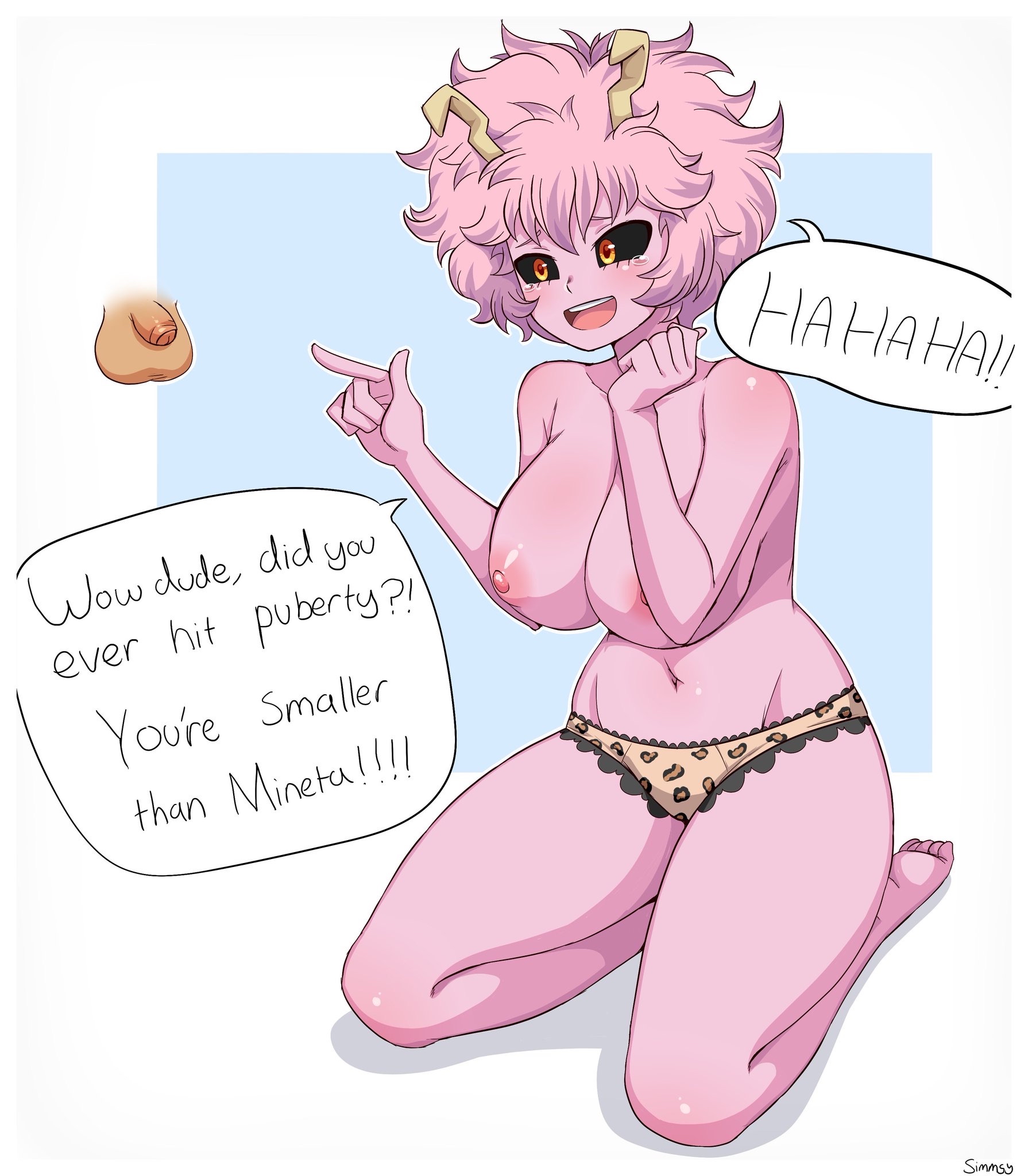 1boy, 1girls, artist request, dialogue, disembodied penis, english text, female, humiliation, laughing, male, mina ashido, my hero academia, penis, pink hair, pink-haired female, shounen jump, small penis, small penis humiliation, tagme