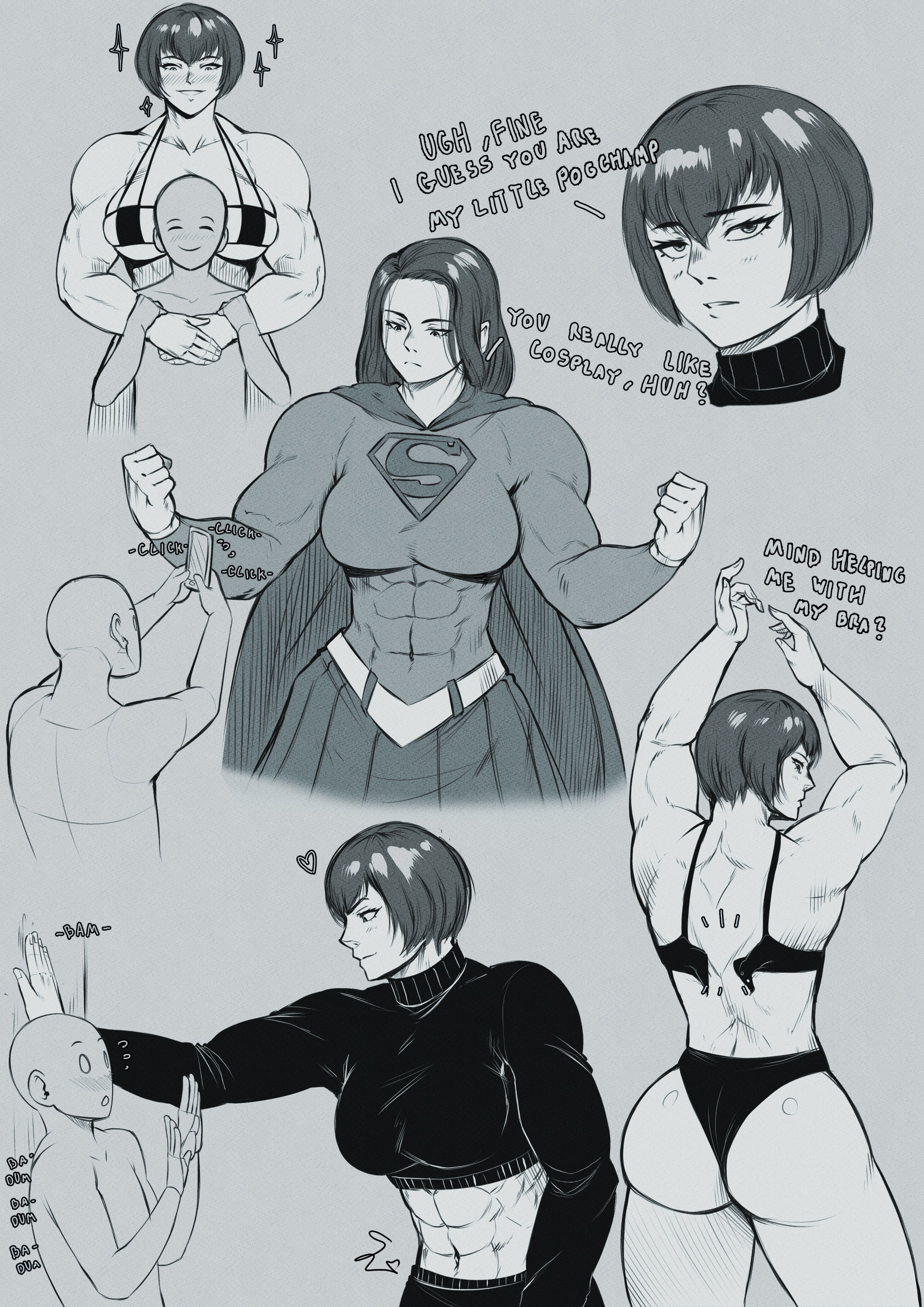 1boy, 1girls, 2022, abs, absurd res, anon, artist signature, ass, back, back muscles, back view, bald, bare legs, bare shoulders, biceps, big ass, big breasts, blush, bob cut, breasts, cape, cleavage, cosplay, couple, crop top, cropped sweater, dc, dc comics, english text, female, female focus, greyscale, heart, hi res, kabedon, looking at another, looking down, male, meme, monochrome, muscles, muscular, muscular arms, muscular female, muscular legs, my little pogchamp (meme), navel, onomatopoeia, original, original character, pants, short hair, sideboob, simple background, smaller male, smile, speedl00ver, standing, supergirl (cosplay), sweater, taller female, tomboy, turtleneck, turtleneck sweater, underboob, underwear, underwear only, wardrobe malfunction, wholesome