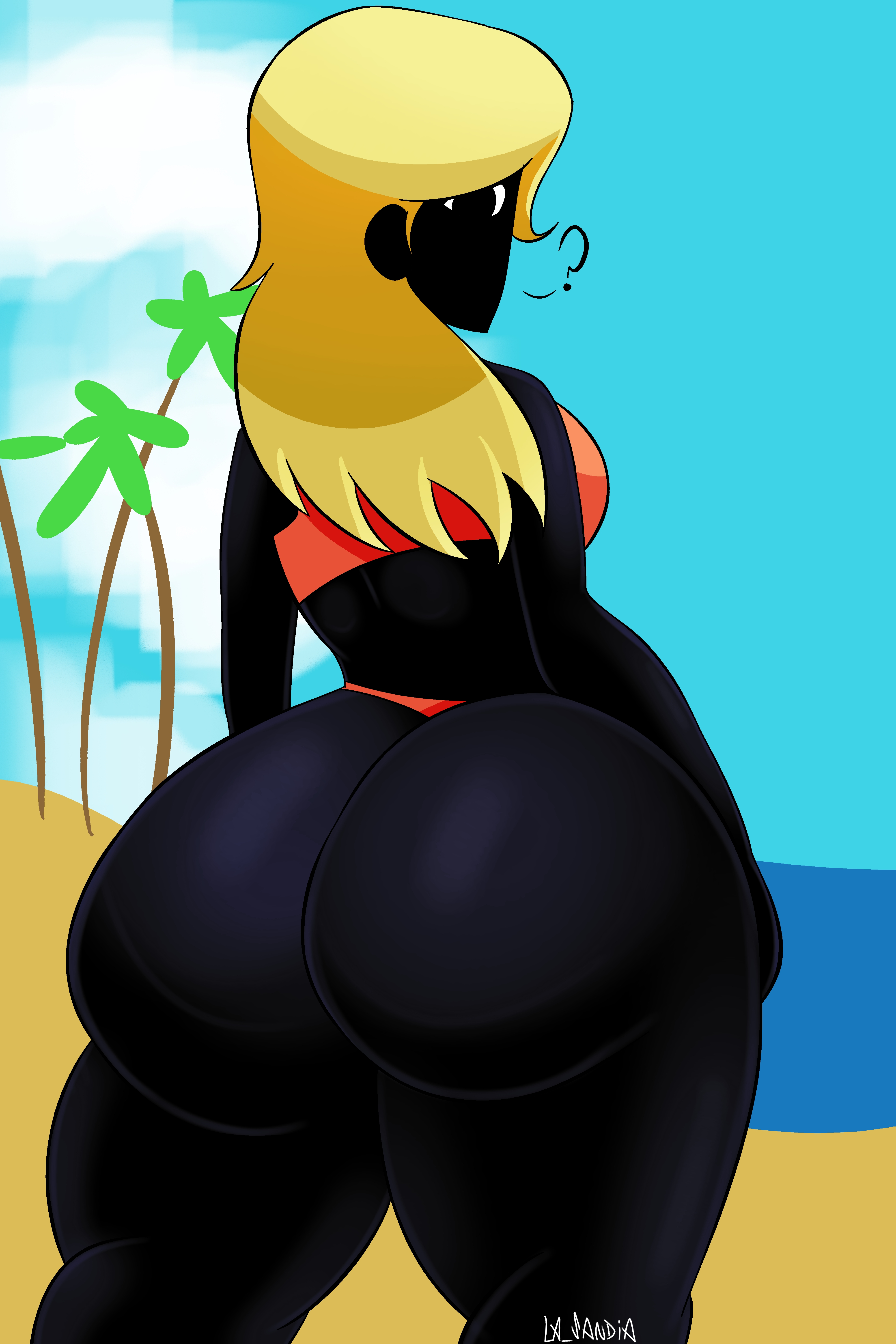 1girls, aged up, alternate version available, ana nipkow (leovincible), analog horror, ass, ass focus, beach, big ass, big butt, bikini, bikini bottom, bikini top, blonde hair, breasts, dark skin, dark-skinned female, female, la sandia, leovincible, nightmare waifu, no mouth, simple background, small breasts, tagme