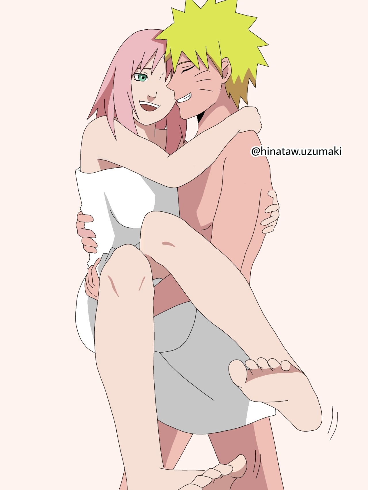 @hinataw.uzumaki, 1boy, 1girls, arms around neck, barefoot, barely clothed, before sex, blonde hair, breasts, bridal carry, carrying, carrying partner, feet, female, green eyes, happy, human, male, male/female, naked towel, naruto, naruto (series), naruto shippuden, pink hair, princess carry, romantic, romantic couple, sakura haruno, shoulder length hair, smile, soles, standing, straight, teenage couple, toes, towel, towel only, uzumaki naruto, wholesome