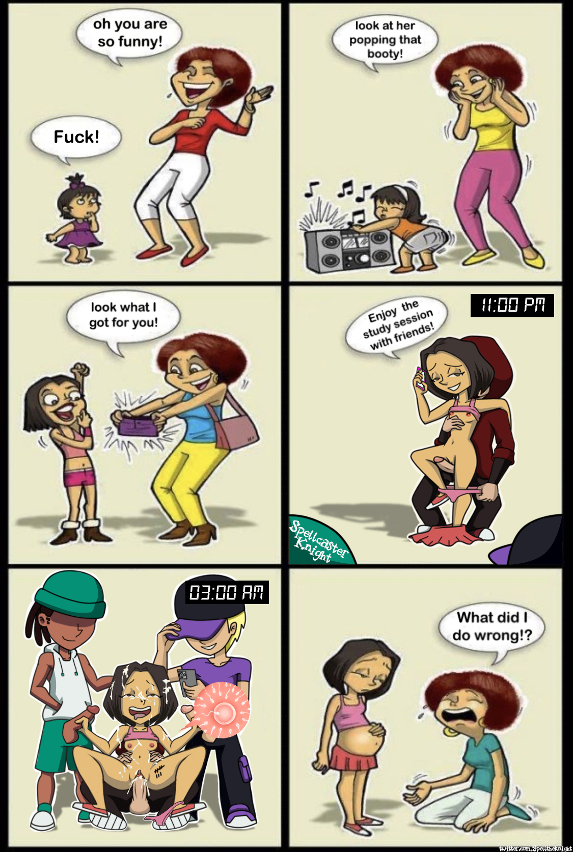 1girls, 3boys, after sex, bad parenting, breasts, bukkake, cellphone, comic, cowgirl position, cum, cum drip, cum in pussy, cum inside, cum on body, cum on face, dark skin, dark-skinned female, double handjob, english, english text, exposed breasts, female, first porn of franchise, gangbang, group sex, handjob, impregnation, interracial, male, miniskirt, mother and daughter, ovum, panties around leg, panty pull, parody, pregnant, pregnant belly, pregnant female, pussy, reverse cowgirl position, spellcaster knight, what, where did i go wrong? (meme)