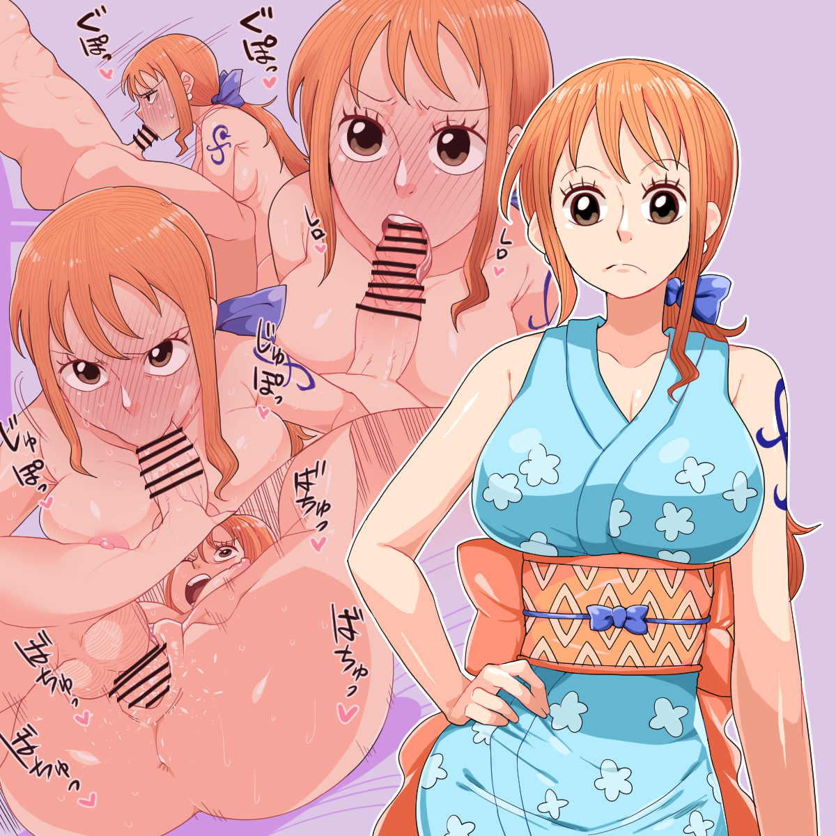 1boy, 1girls, arm tattoo, big breasts, blue tattoo, blush, bouncing breasts, breasts, censor bar, dubious consent, female, large breasts, male, mating press, nami (one piece), oekaki ka, onami, one piece, oral, oral sex, orange hair, orange-haired female, partial male, penetration, penis, penis in pussy, pussy, sex, sucking penis, tattoo, wide hips