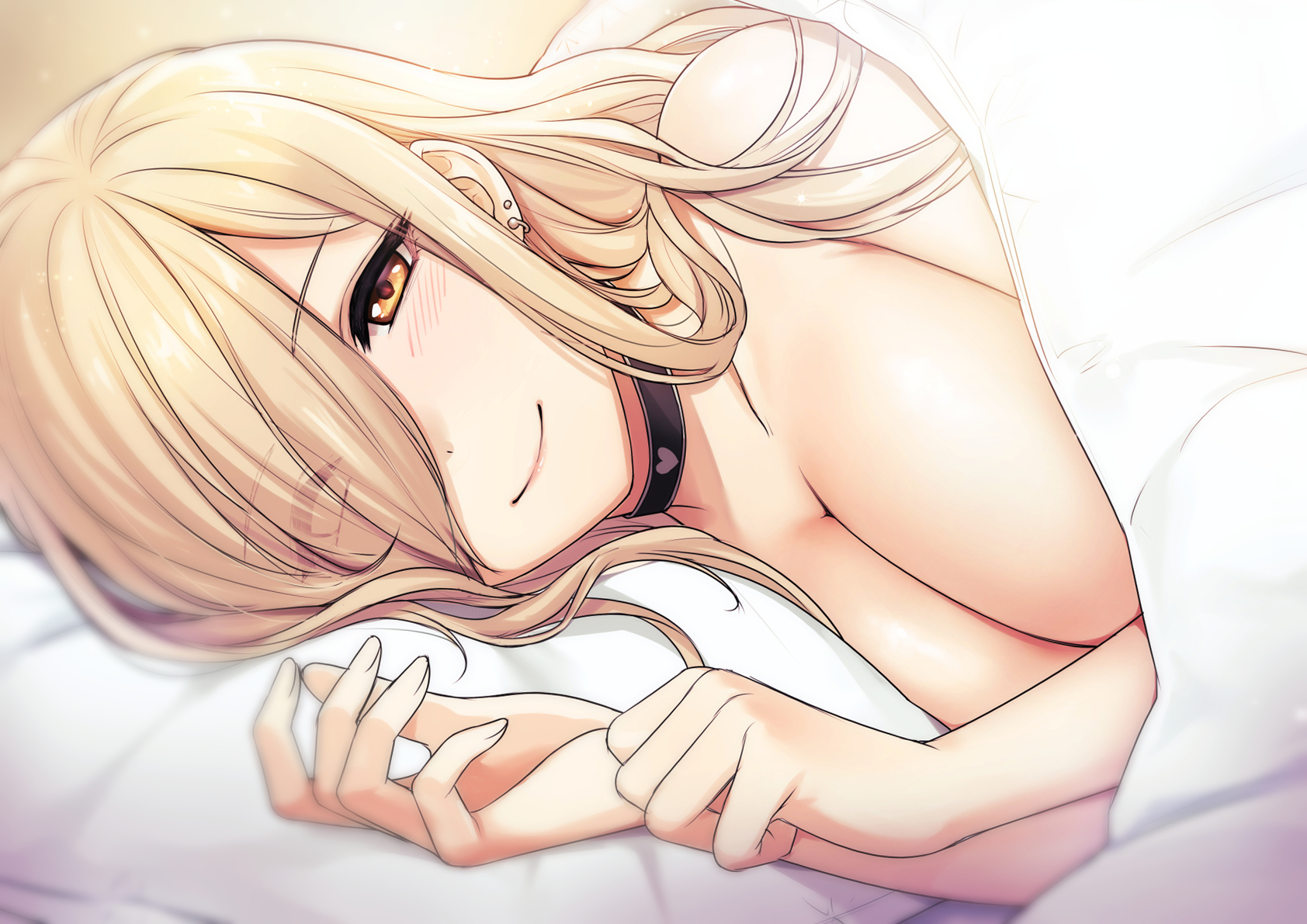 2d, blonde hair, breasts, choker, cleavage, collar, eyebrows visible through hair, female, female only, gyaru, kitagawa marin, laying down, laying on side, light skin, light-skinned female, looking at viewer, pale skin, pale-skinned female, piyosuke tmg, smile, solo, sono bisque doll wa koi wo suru, wholesome