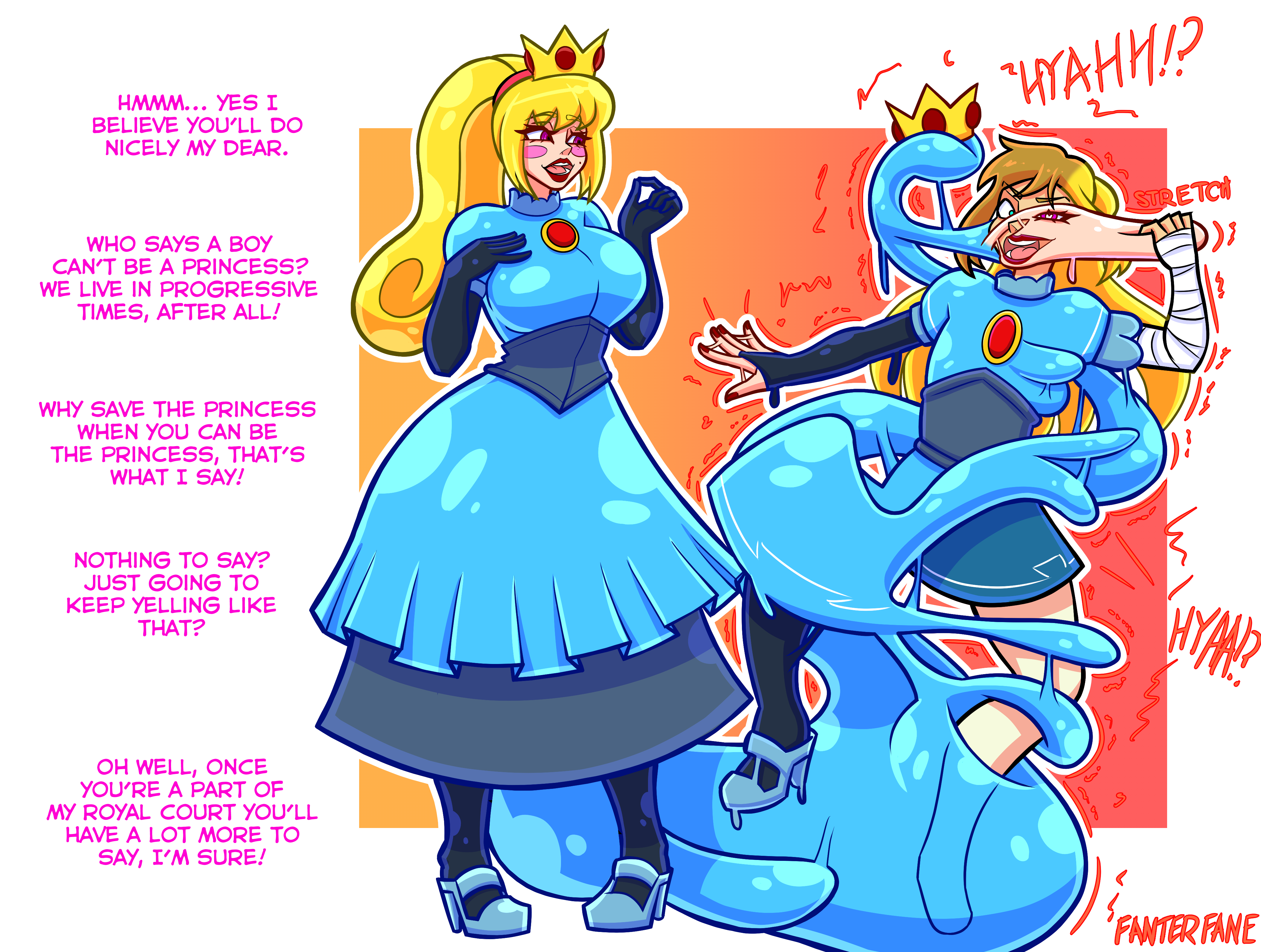 blonde hair, english text, fanterfane, gender transformation, goo transformation, link, mtf transformation, princess samus, red lipstick, samus aran, samus iran, text, the legend of zelda, transformation
