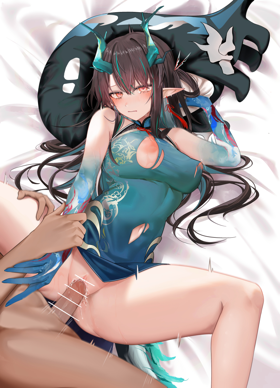 1boy arknights bangs bar_censor bare_shoulders black_hair blue_dress blush breasts censored china_dress chinese_clothes dragon_girl dragon_horns dress dusk_(arknights) female green_hair highres holding_another's_wrist horns large_breasts looking_at_viewer multicolored_hair navel parted_lips penis pointy_ears ru_zhai sex solo_focus spread_legs straight streaked_hair thighs torn_clothes torn_dress vaginal_penetration