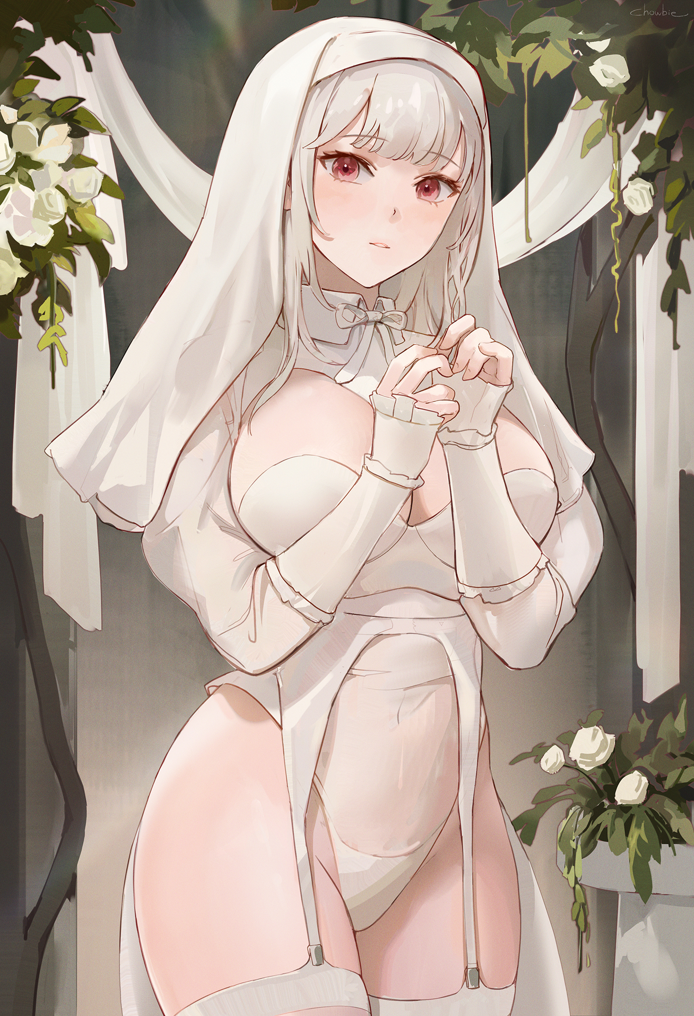 1girls, bangs, big breasts, blush, breasts, chowbie, clothed, female, female focus, flowers, garter belt, garter straps, highres, large breasts, leotard, long hair, long sleeves, looking at viewer, nun, original, red eyes, revealing clothes, thighhighs, thighs, white hair, white headwear, white legwear, white leotard