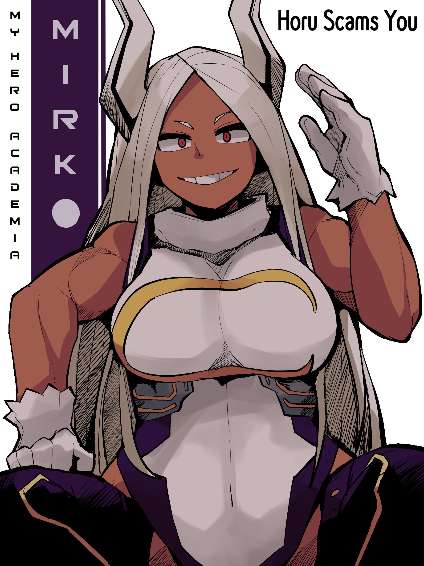 1girls, 2d, breasts, busty, clothed, dark skin, dark-skinned female, female, female focus, female only, fit, fit female, gloves, highres, horu, long hair, looking at viewer, miruko, muscular, muscular female, my hero academia, red eyes, rumi usagiyama, simple background, sleeveless, sleeveless shirt, smile, smiling at viewer, solo, solo female, solo focus, squatting, superhero, superheroine, tagme, white background, white hair