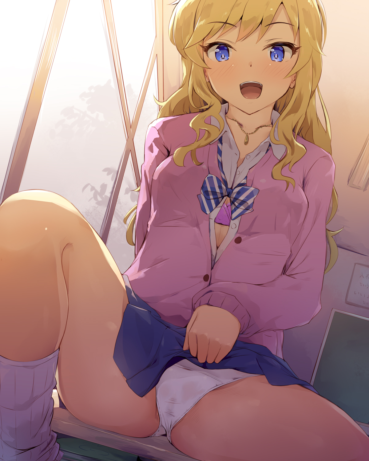 :d, 1girls, bangs, blonde hair, blue eyes, blue skirt, blush, bra, bra peek, breasts, button gap, cardigan, clothes lift, collarbone, collared shirt, commentary request, desk, dress shirt, dutch angle, female, highres, idolmaster, idolmaster cinderella girls, idolmaster cinderella girls starlight stage, indoors, jewelry, kneehighs, lifted by self, light skin, light-skinned female, long hair, loose socks, ohtsuki yui, on desk, open mouth, panties, pendant, pink bra, pink cardigan, pleated skirt, pretty girl, school desk, school uniform, seneto, shirt, sitting, sitting on desk, skirt, skirt lift, skirt lifted by self, small breasts, smile, socks, solo, teenage female, teenager, teeth, underwear, upper teeth, white legwear, white panties, white shirt, white socks, window