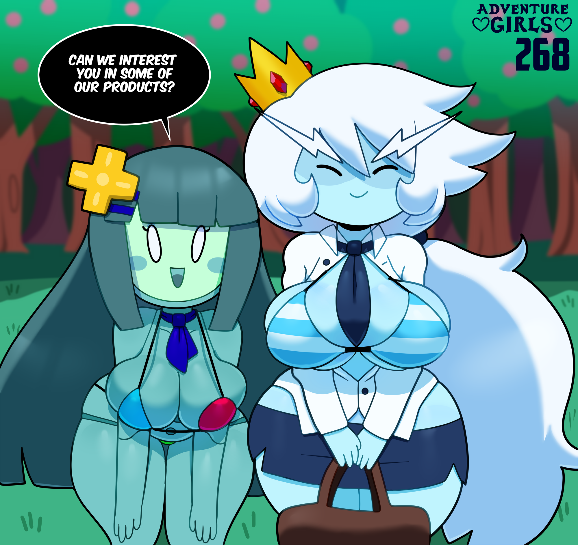 2girls, adventure girls, adventure time, big breasts, bikini, blue skin, blush stickers, bmo, breasts, cleavage, closed eyes, cowboy shot, crown, curvy female, dialogue, english text, facing viewer, female, female only, genderswap, highres, ice queen, ice queen (adventure time), long hair, looking at viewer, microskirt, mob face, necktie, necktie between breasts, open clothes, open shirt, outdoors, robot, robot girl, rule 63, saleslady, shirt, skirt, smile, somescrub, text, thick thighs, white hair