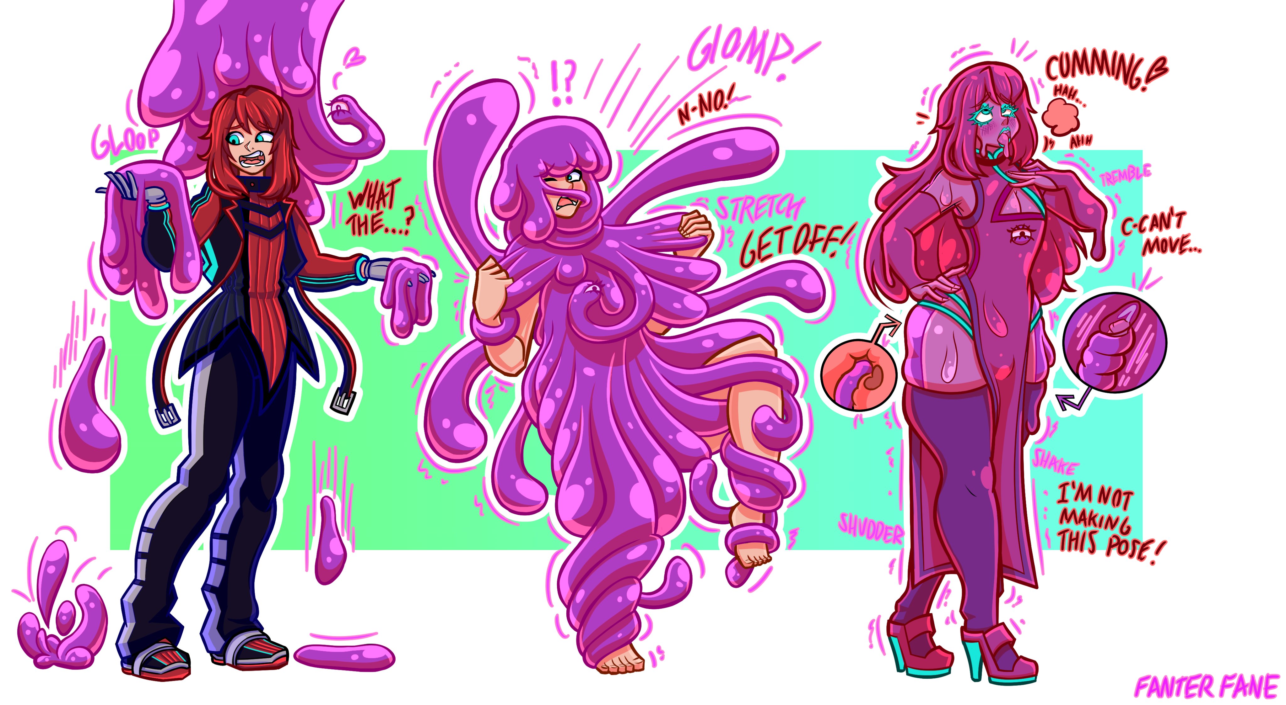 ahe gao, assimilation, blue lips, blue lipstick, corruption, fanterfane, feminization, forced transformation, goo, goo transformation, pelvic curtain, slime, slime transformation, thighhighs, transformation