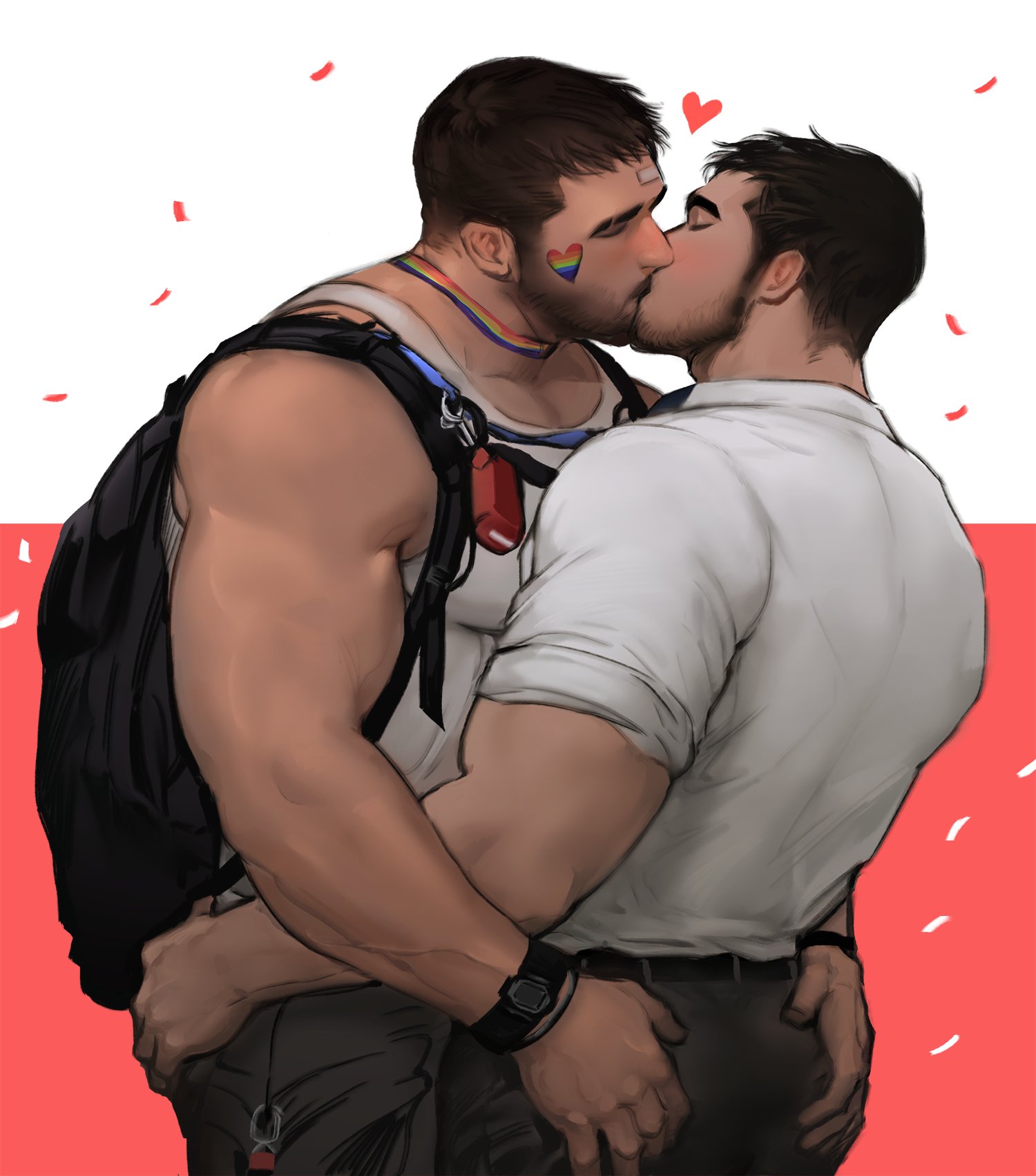 2boys, bara, clothing, dopq, groping, groping ass, kissing, male, male only, muscular, muscular male, original character, pride, yaoi