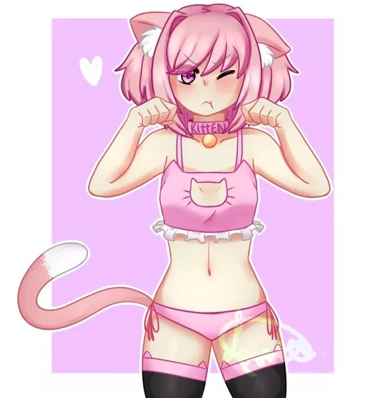 1girls :t blush cat_cutout cat_ears cat_keyhole_bra cat_lingerie cat_panties cat_tail collar doki_doki_literature_club ear_tuft female female_only frilled_bra frilly_bra heart lingerie lovybonbon natsuki_(doki_doki_literature_club) navel one_eye_closed panties pink_eyes pink_hair pink_panties pout pouting signature solo string_panties tail