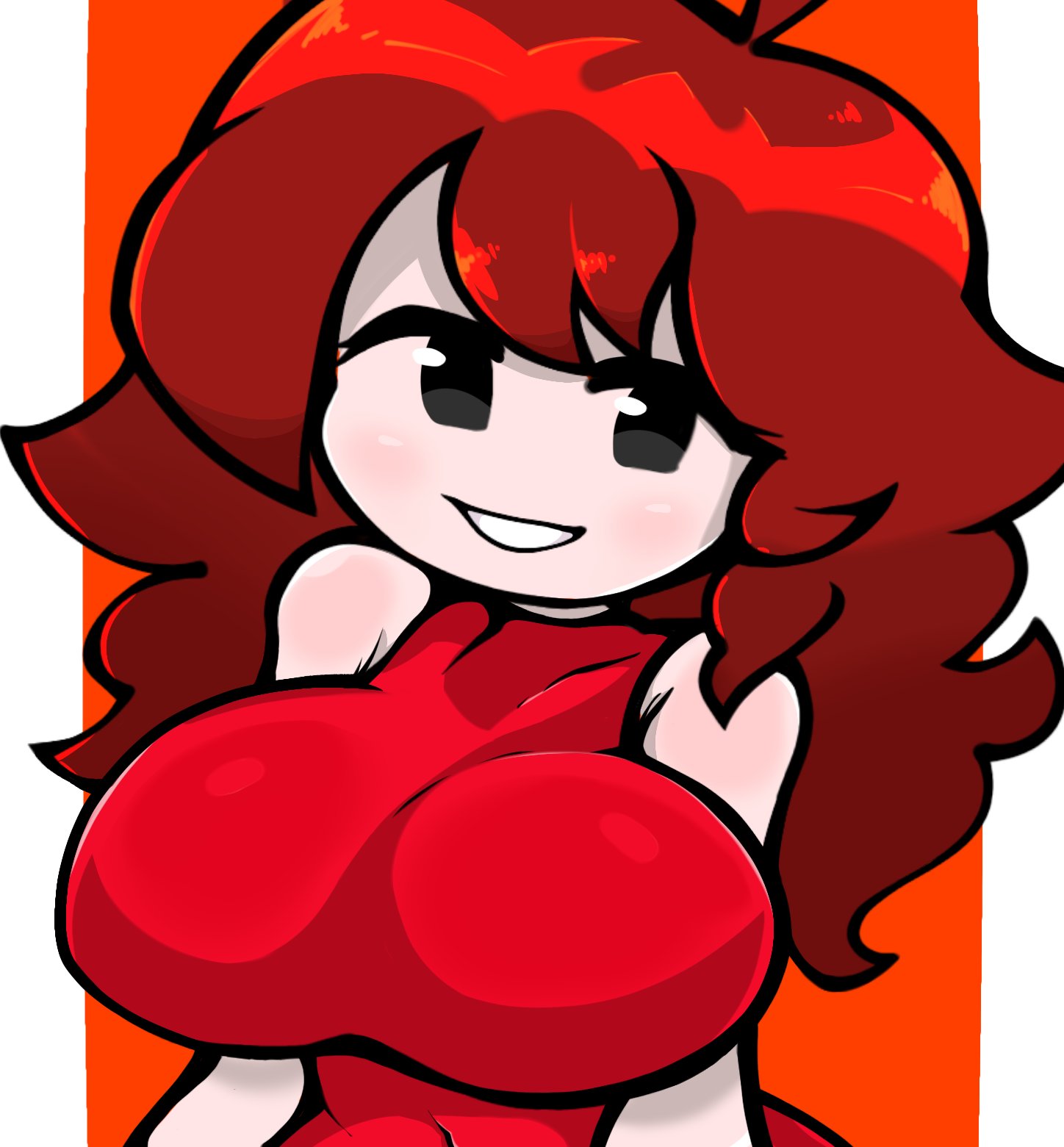 big breasts, black eyes, breasts, breasts pressed together, brown hair, female, female only, fnf, friday night funkin, girlfriend (friday night funkin), light skin, light-skinned female, marblemaple5, pale skin, pale-skinned female, red dress, smile, smiling, white skin