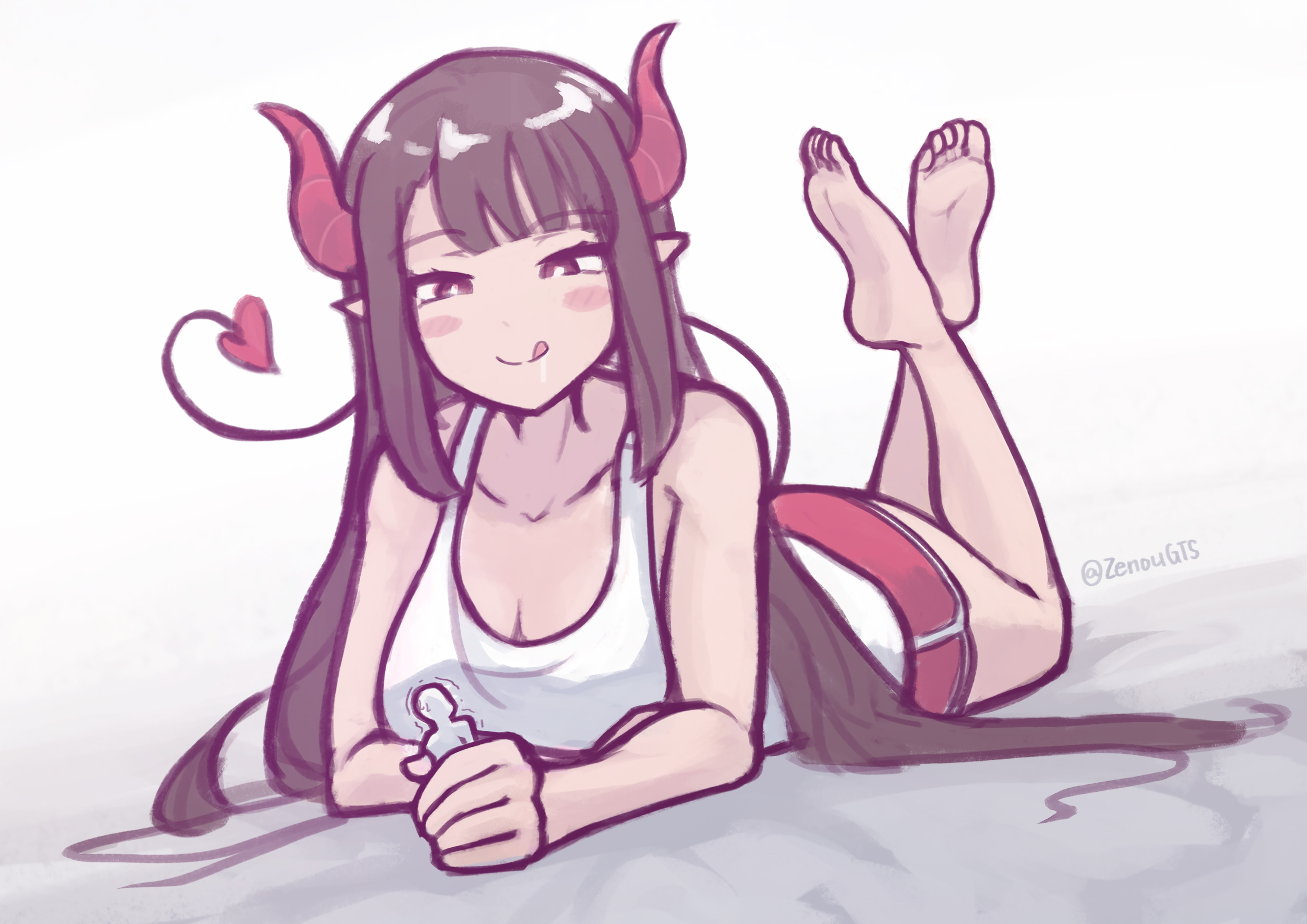 anime style, barefoot, blush, breasts, brown hair, cleavage, demon, devil, feet, female, giantess, heart, horns, light skin, light-skinned female, macrophilia, red pants, shrink, shrunk, succubus, tail, tongue, tongue out, twitter, white shirt