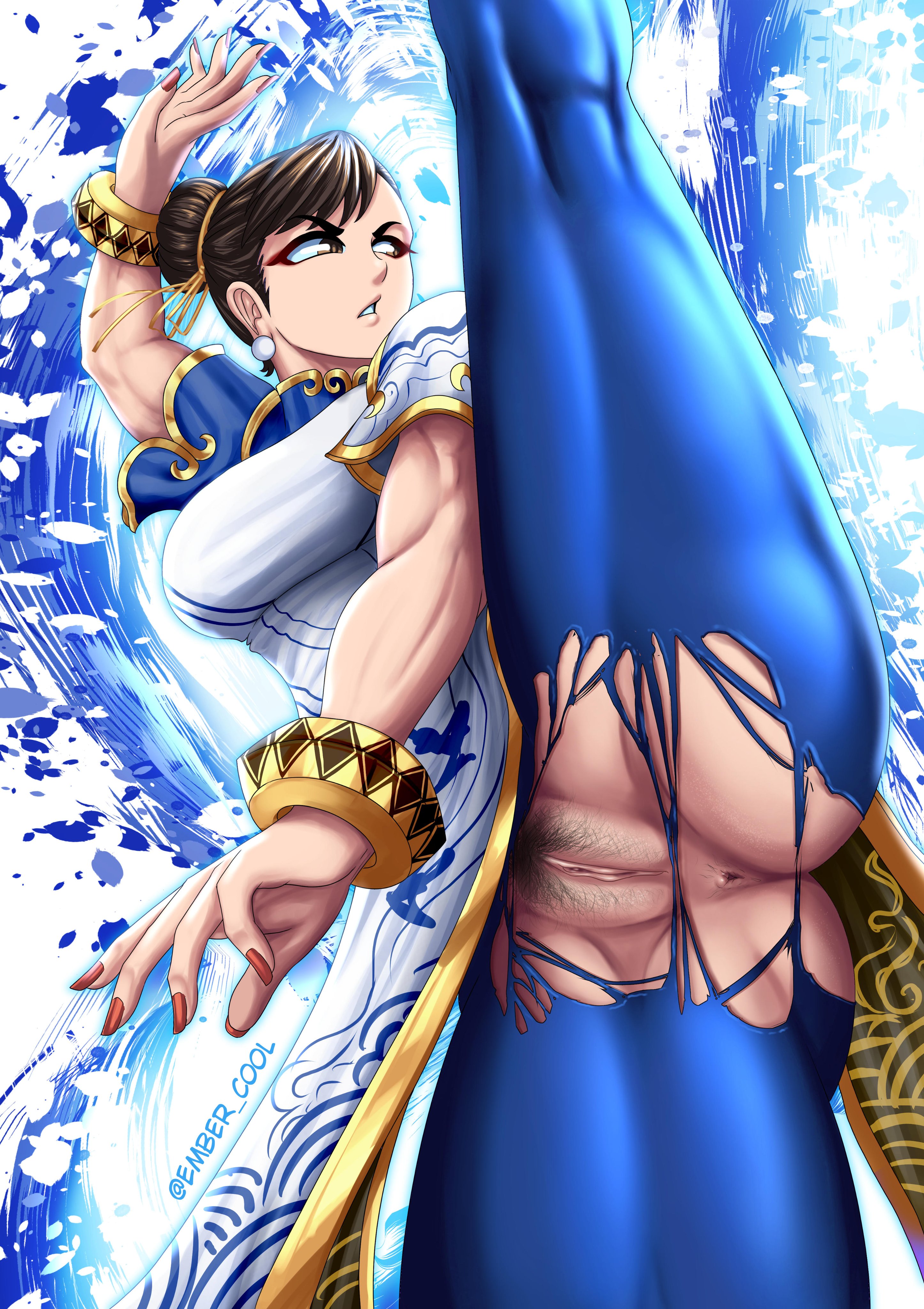 1girls, anus, ass, athletic, athletic female, breasts, brown eyes, brown hair, busty, capcom, chinese clothes, chun-li, chun-li (street fighter 6), clitoris, clothed, clothing, crotchless, ember cool, exposed pussy, female, female only, hourglass figure, human, light skin, light-skinned female, low-angle view, makeup, mostly clothed, nail polish, pubes, pubic hair, pussy, solo, splits, standing, standing split, street fighter, street fighter 6, torn yoga pants, vagina, vertical splits, wide hips, yoga pants
