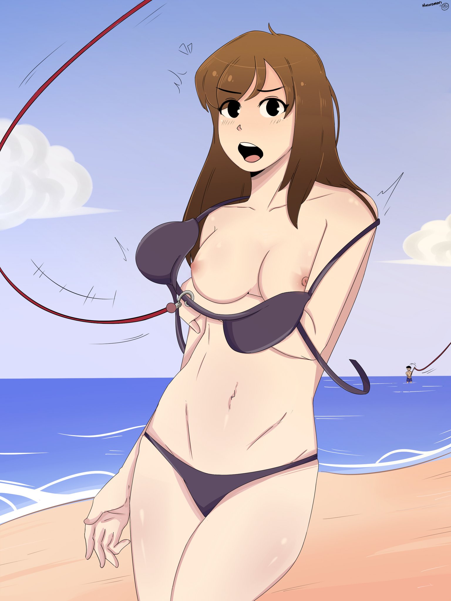 1boy, 1girls, accident, accidental circumstance, accidental exposure, almost naked, anon, areolae, beach, belly, belly button, bikini, bikini bottom, bikini top, boat, bra pull, breasts, commission, emily sim, emirichu, female, fishing rod, forced exposure, glistening, hikikomori (artist), hook, long hair, male, nipples, pinup, public nudity, shocked expression, signature, sunny, thighs, youtube