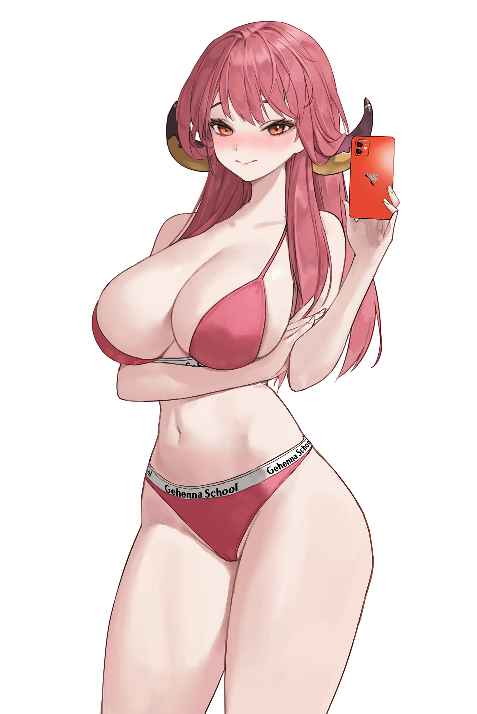 1girls, 2022, alternate costume, alternate version available, aru (blue archive), bangs, bare arms, bare legs, bare shoulders, bikini, blue archive, blush, breasts, cellphone, cleavage, closed mouth, collarbone, cowboy shot, eyebrows visible through hair, female, female focus, female only, gehenna academy student, groin, hair between eyes, highres, holding, holding phone, horned female, horned humanoid, horns, huge breasts, kokounene, kou (kokounene), lips, long hair, looking at viewer, navel, orange eyes, phone, problem solver 68 (blue archive), red bikini, red hair, selfie, simple background, skindentation, smartphone, solo, solo female, standing, swimsuit, thighs, white background
