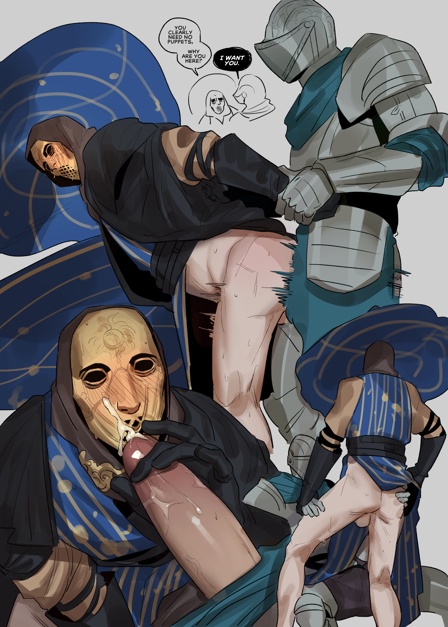 2boys, anal, anal sex, arm grab, armor, backsack, balls, ballsack, bent over, big penis, bottomless, clothed sex, cowl, cum on face, cum on mask, dialogue, elden ring, english text, erection, facial, francishsie, from behind, fromsoftware, gay, hat, hood, implied anal, knight, male, male only, mask, masked, masked male, motion lines, penis, preceptor seluvis, sex, speech bubble, tarnished, uncensored, wizard hat, yaoi