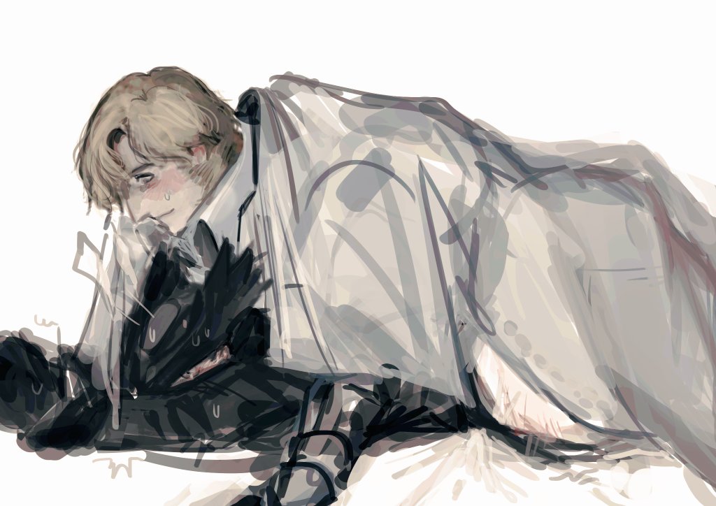 2boys alfred_(bloodborne) anal anal_sex artist_request blonde_hair bloodborne blush clothed_sex colored_sketch from_behind fromsoftware gay hunter_(bloodborne) implied_anal implied_sex male male_only on_stomach prone_bone sideburns sketch smile sweat sweatdrop yaoi