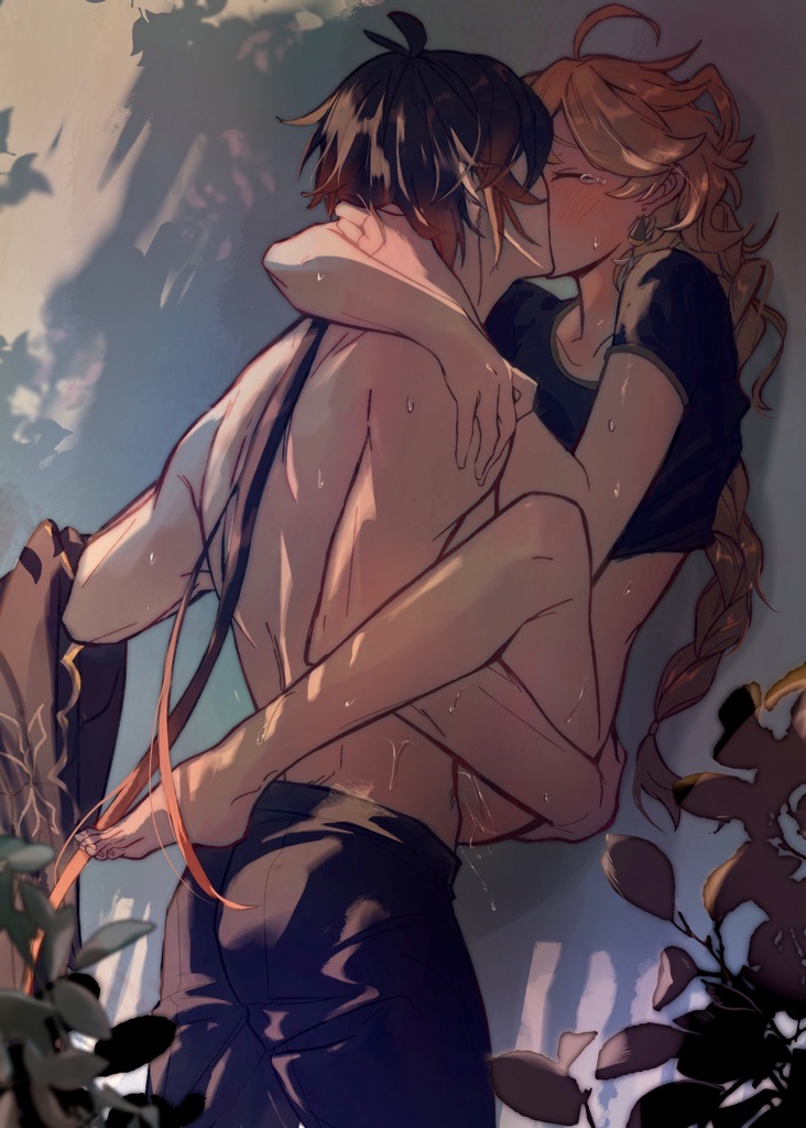 2boys, aether (genshin impact), anal, arms around neck, ass, gay, genshin impact, half-dressed, hand on ass, kissing, male, male only, sweat, tears, yaoi, zhongli (genshin impact)