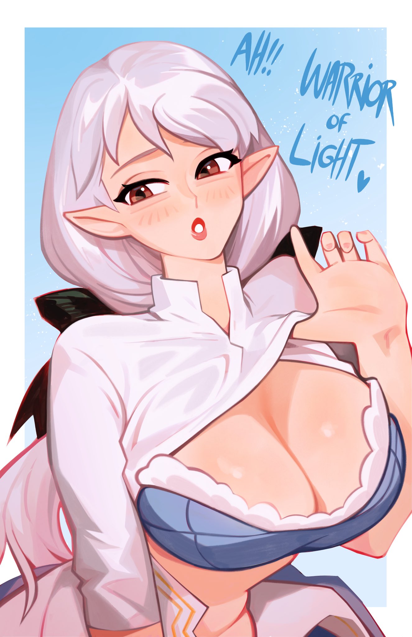 1girls, ameliance leveilleur, artist request, big breasts, blush, bowtie, bra, breasts, brown eyes, cheating wife, dialogue, elezen, elf, elf ears, elf female, eyelashes, female, final fantasy, final fantasy xiv, flirting, kiddybro (artist), light skin, light-skinned female, lipstick, milf, pale skin, pale-skinned female, pointy ears, seductive, square enix, thick thighs, undressing, white dress, white hair