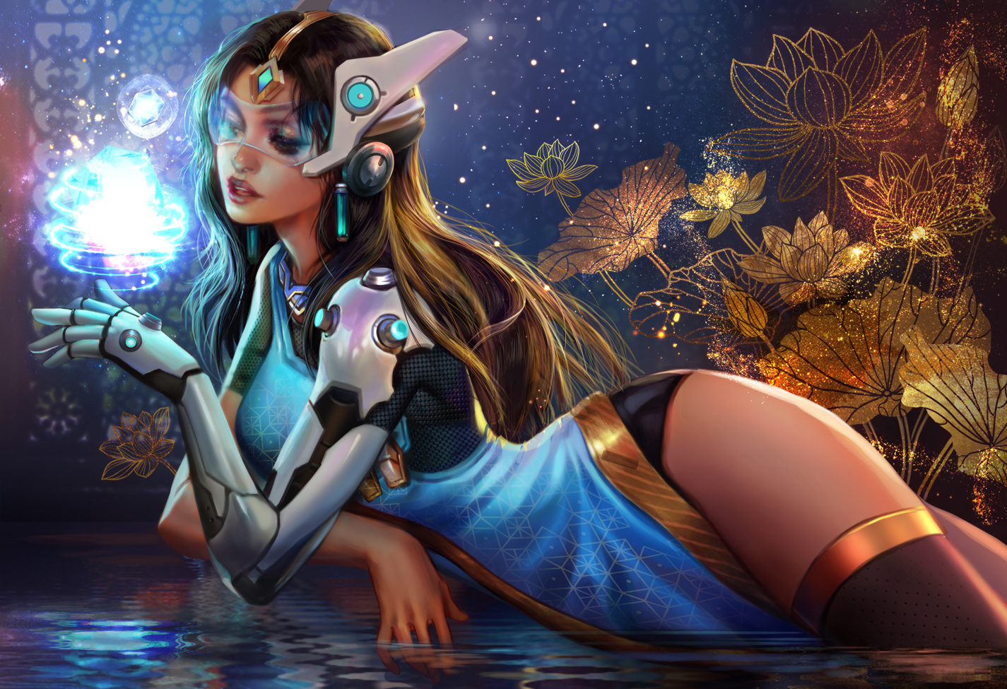 1girls, 2d, armor, ass, big ass, blizzard entertainment, blue-tinted eyewear, cybernetic arm, dark skin, dark-skinned female, detailed background, fan yang, female, female only, headset, long hair, overwatch, painting (artwork), solo, stockings, symmetra, thick thighs, thighs, tinted eyewear, visor