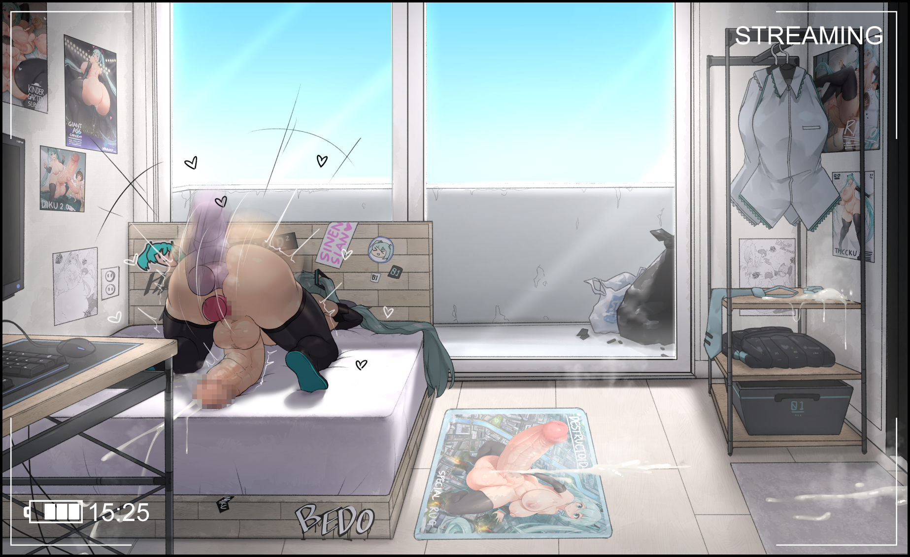 1futa, 1girl, ass, balls, bed, bedroom, bimbo, black thighhighs, breasts, censored, computer, cum, curvaceous, curvy, desk, dildo, dildo in ass, dildo sitting, duplicate, ejaculation, full-package futa, full-package futanari, futa only, futanari, futanari masturbation, hatsune miku, headgear, headphones, huge ass, huge balls, huge breasts, huge cock, indoors, intersex, large ass, large breasts, large penis, livestream, long hair, masturbation, monitor, mosaic censoring, motion blur, nipples, nude, object insertion, penis, recording, repost, sex doll, sex toy, sinensian, skimpy, skimpy clothes, solo, streaming, testicles, thighhighs, vocaloid, voluptuous, window