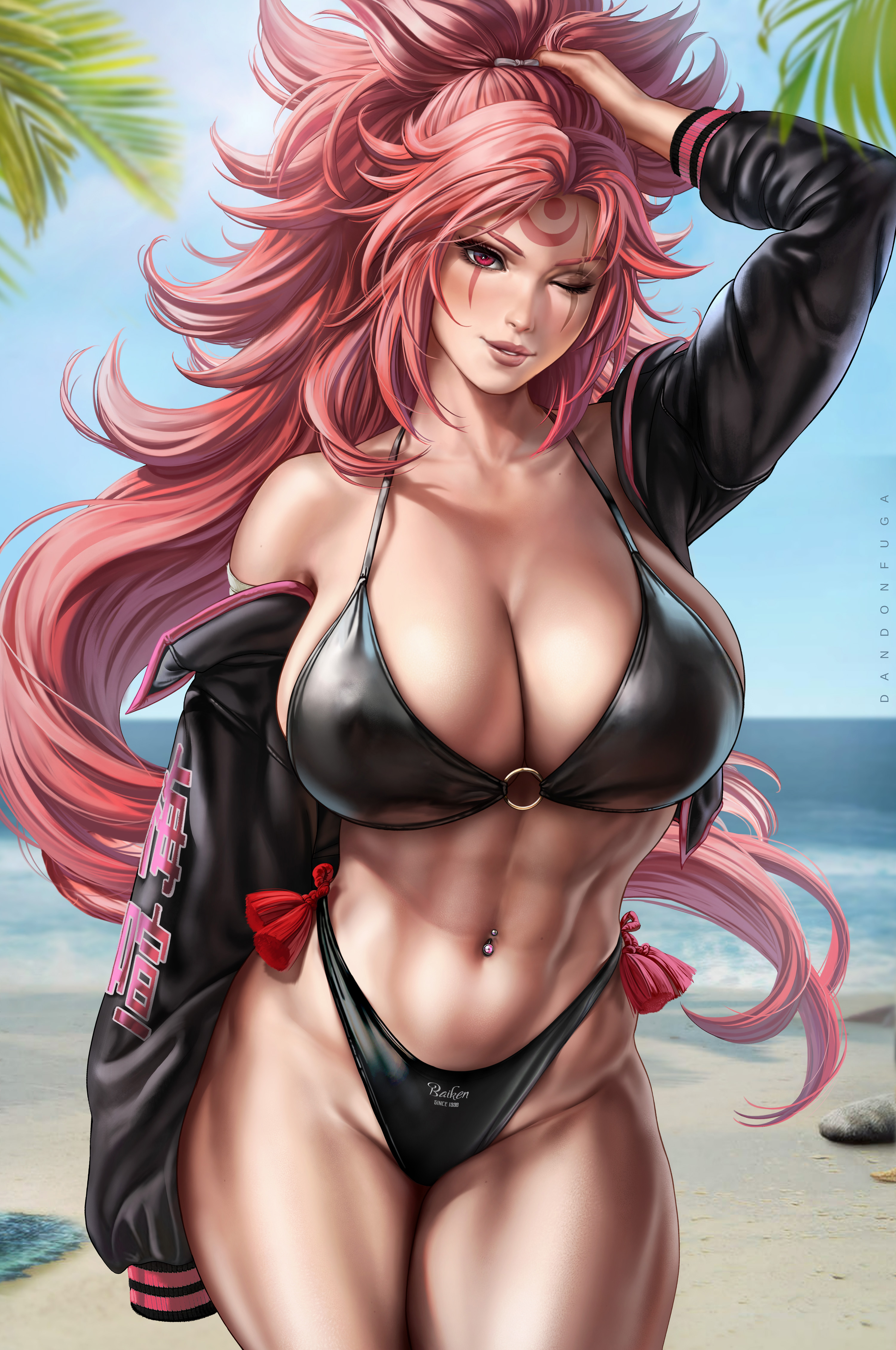 1girls, abs, absurd res, absurdres, amputee, arm up, baiken, bare shoulders, bare skin, bare thighs, beach, big breasts, bikini, bikini bottom, bikini top, black bikini, black bikini bottom, black bikini top, black bra, black clothes, black clothing, black jacket, black panties, black underwear, bra, breasts, busty, child bearing hips, cleavage, clothed, clothed female, clothing, dandon fuga, female, female focus, female only, fit, fit female, forehead mark, front view, guilty gear, guilty gear strive, guilty gear xrd, hand on head, hand on own head, high resolution, highres, hips, huge breasts, jacket, large breasts, large filesize, light skin, light-skinned female, long hair, looking at viewer, massive breasts, missing arm, muscular, muscular female, navel, navel piercing, palm tree, pink hair, ponytail, red eyes, sand, smile, solo, solo female, solo focus, standing, summer, thick thighs, thighs, toned, toned body, toned female, tropical, very high resolution, very long hair