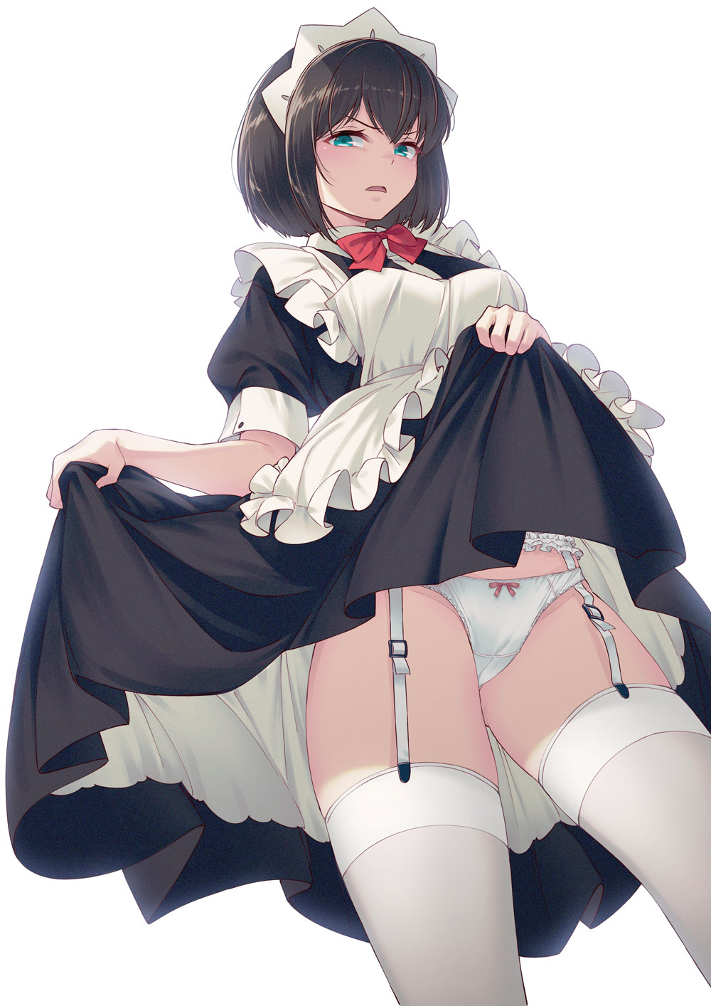 40hara apron aqua_eyes ass_visible_through_thighs bangs black_dress black_hair blush bow bow_panties bowtie breasts brown_hair clothes_lift cowboy_shot dress dress_lift eyebrows_visible_through_hair female frilled_apron frilled_dress frills from_below garter_belt garter_straps glaring highres itou_chitose iya_na_kao_sare_nagara_opantsu_misete_moraitai juliet_sleeves large_breasts lifted_by_self long_sleeves looking_at_viewer maid maid_headdress panties panties_over_garter_belt parted_lips puffy_short_sleeves puffy_sleeves ribbon short_hair short_sleeves solo standing thighhighs thighs underwear white_apron white_background white_legwear white_panties