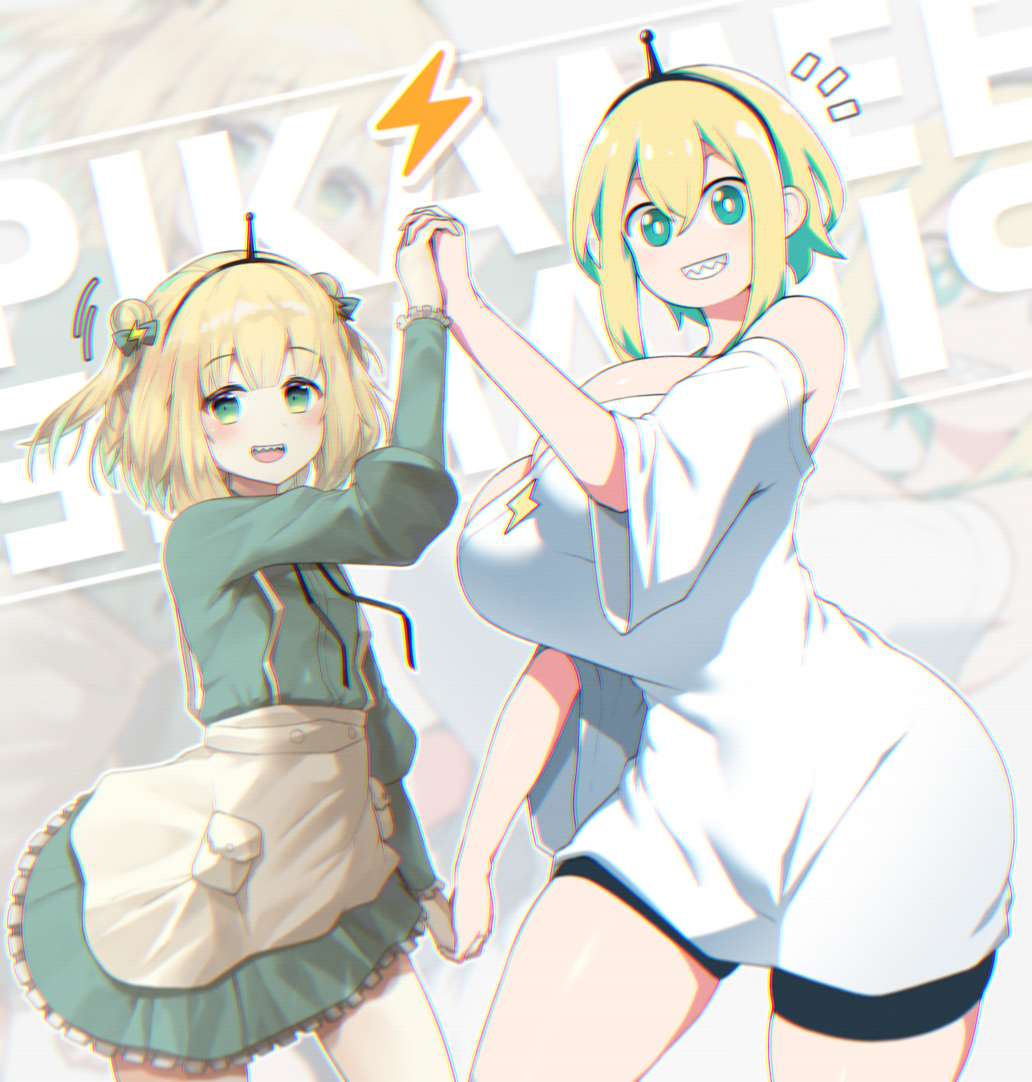 2022, 2girls, amano pikamee, blonde hair, breast size difference, breasts, clothed, clothed female, dress, female, flat chest, green eyes, height difference, hi res, huge breasts, pointy teeth, selfcest, short hair, shorts, sinensian, size difference, small breasts, virtual youtuber, voms project