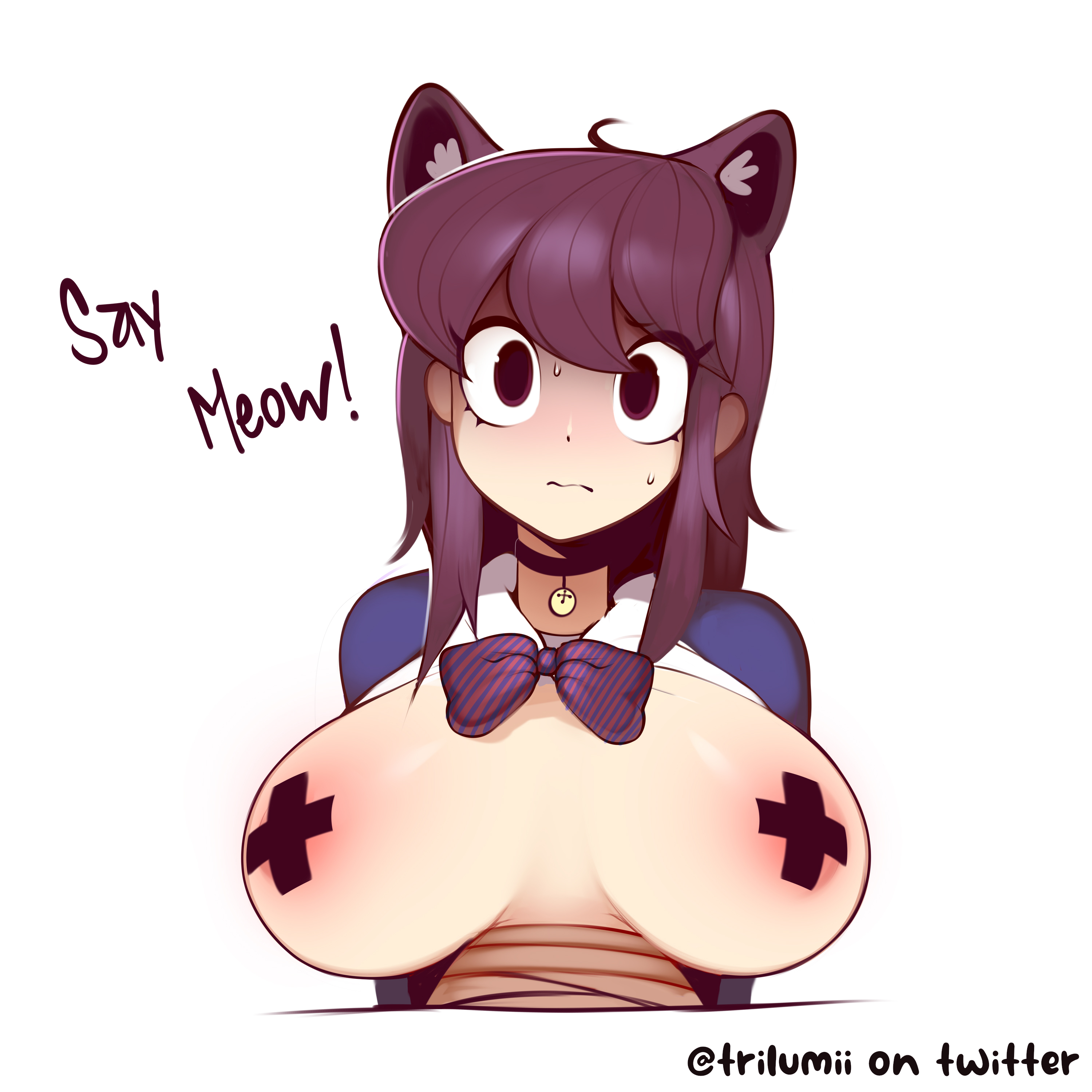 ahoge, bell collar, breasts, cat ears, choker, collar, female, komi shouko, komi-san wa komyushou desu, nipples, open clothes, open shirt, partially clothed, pasties, sweat, sweatdrop, trilumii
