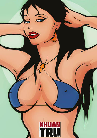 1girls 2019 bikini black_hair blue_eyes earrings erect_nipples female female_only fire_and_ice khuan_tru large_breasts long_hair looking_at_viewer solo swimsuit teegra