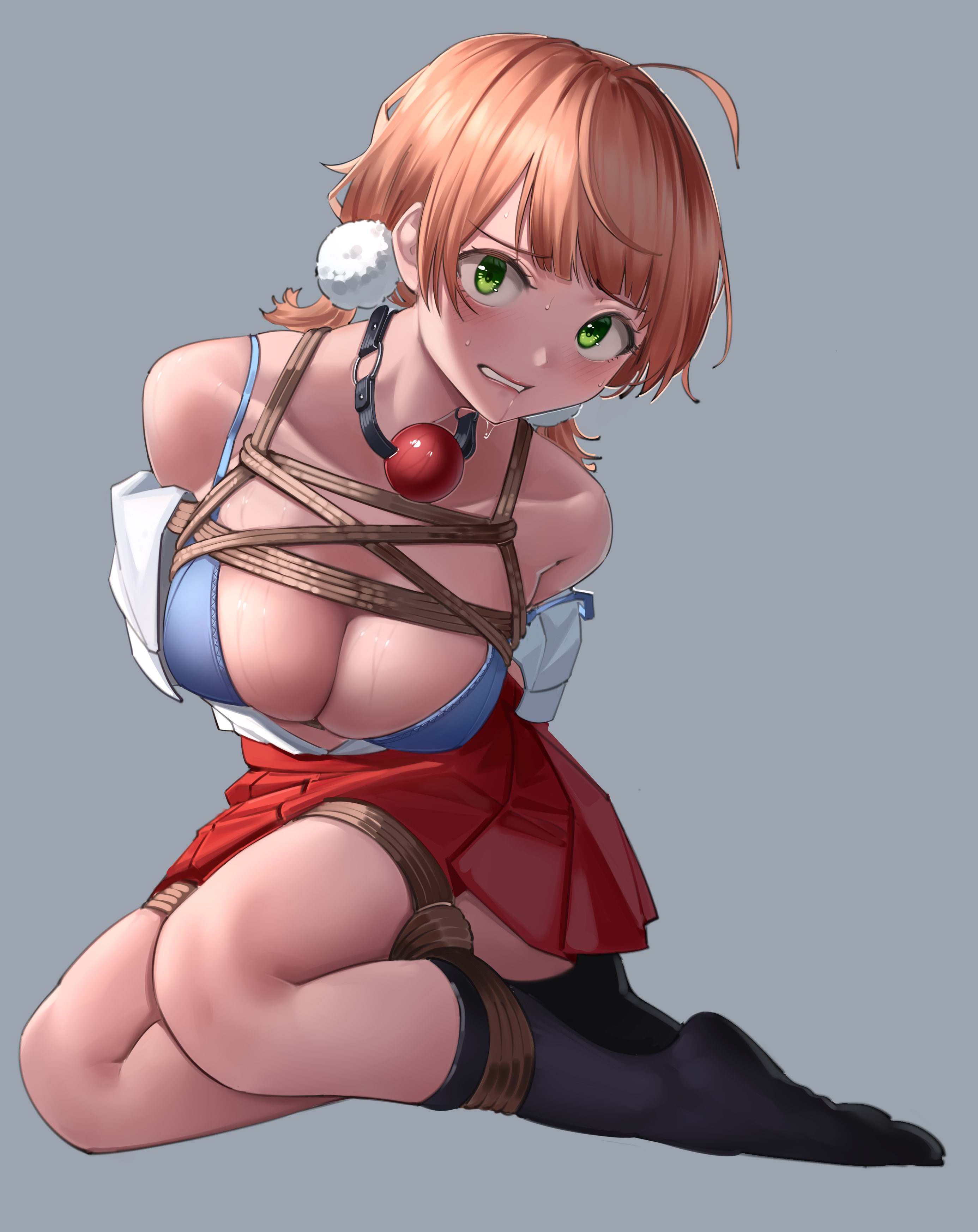 1girls, 2022, absurdres, arms behind back, ball gag, bangs, bare shoulders, black legwear, blue bra, blush, bondage, bound, bra, bra strap, breasts, cleavage, clothes pull, collarbone, cute, eyebrows visible through hair, female, female focus, female only, full body, gag, gag around neck, gag bondage, gag removed, ginger, green eyes, harris hero, highres, indie virtual youtuber, looking at viewer, medium breasts, medium hair, no shoes, on floor, open clothes, open mouth, open shirt, orange hair, parted lips, pigtails, red skirt, restrained, saliva, shigure ui (vtuber), shirt, shirt pull, simple background, skirt, socks, soles, solo, solo female, sweat, teenager, underwear, virtual youtuber, white shirt