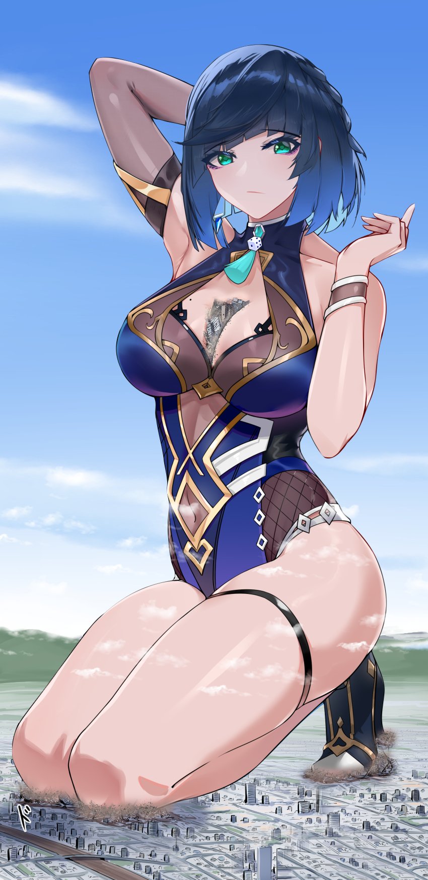 anime style, blue clothing, blue hair, breasts, buildings, city, cityscape, cleavage, cleavage cutout, crush, destruction, female, genshin impact, giantess, green eyes, macrophilia, on knees, shoes, sitting, thighs, twitter, yelan (genshin impact)