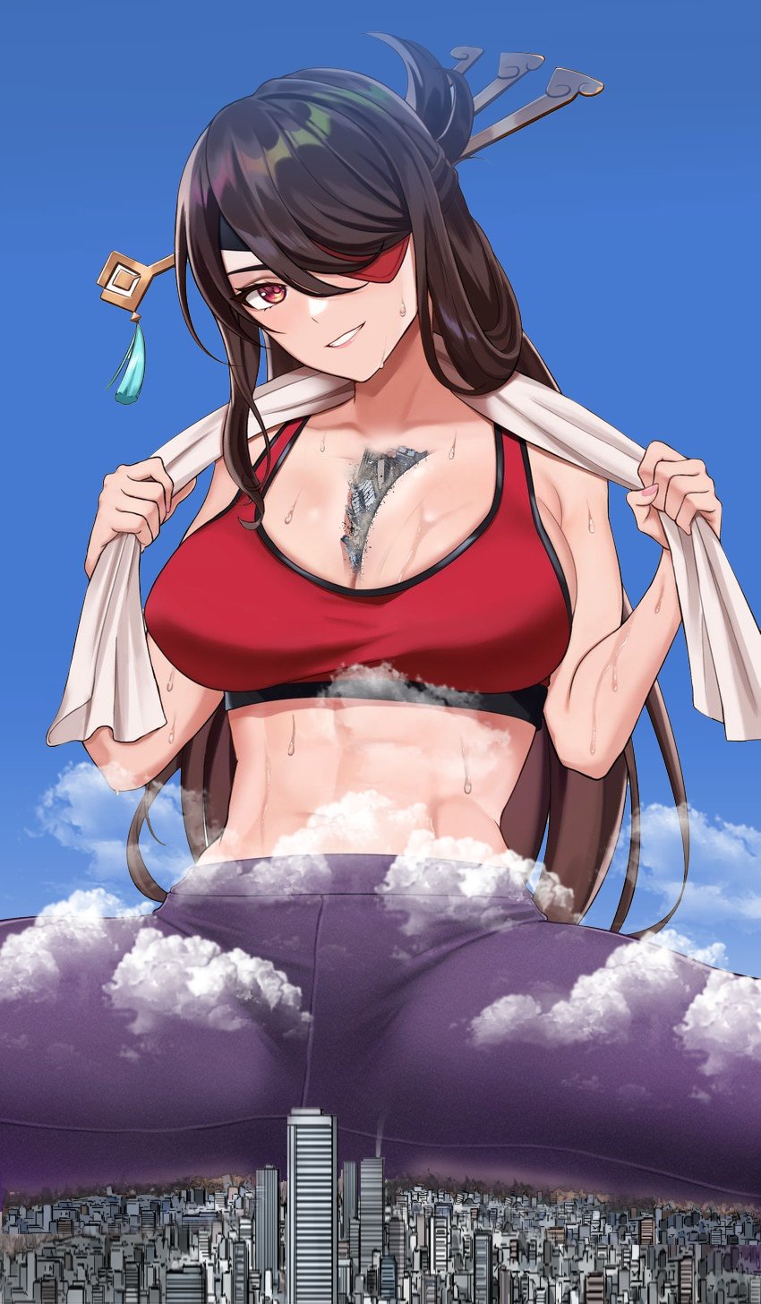 1girls, anime style, beidou (genshin impact), black hair, blue pants, brown hair, city, cityscape, cleavage, crush, day, destruction, eye patch, female, genshin impact, giantess, holding towel, long hair, macrophilia, midriff, red shirt, sitting, sky, twitter