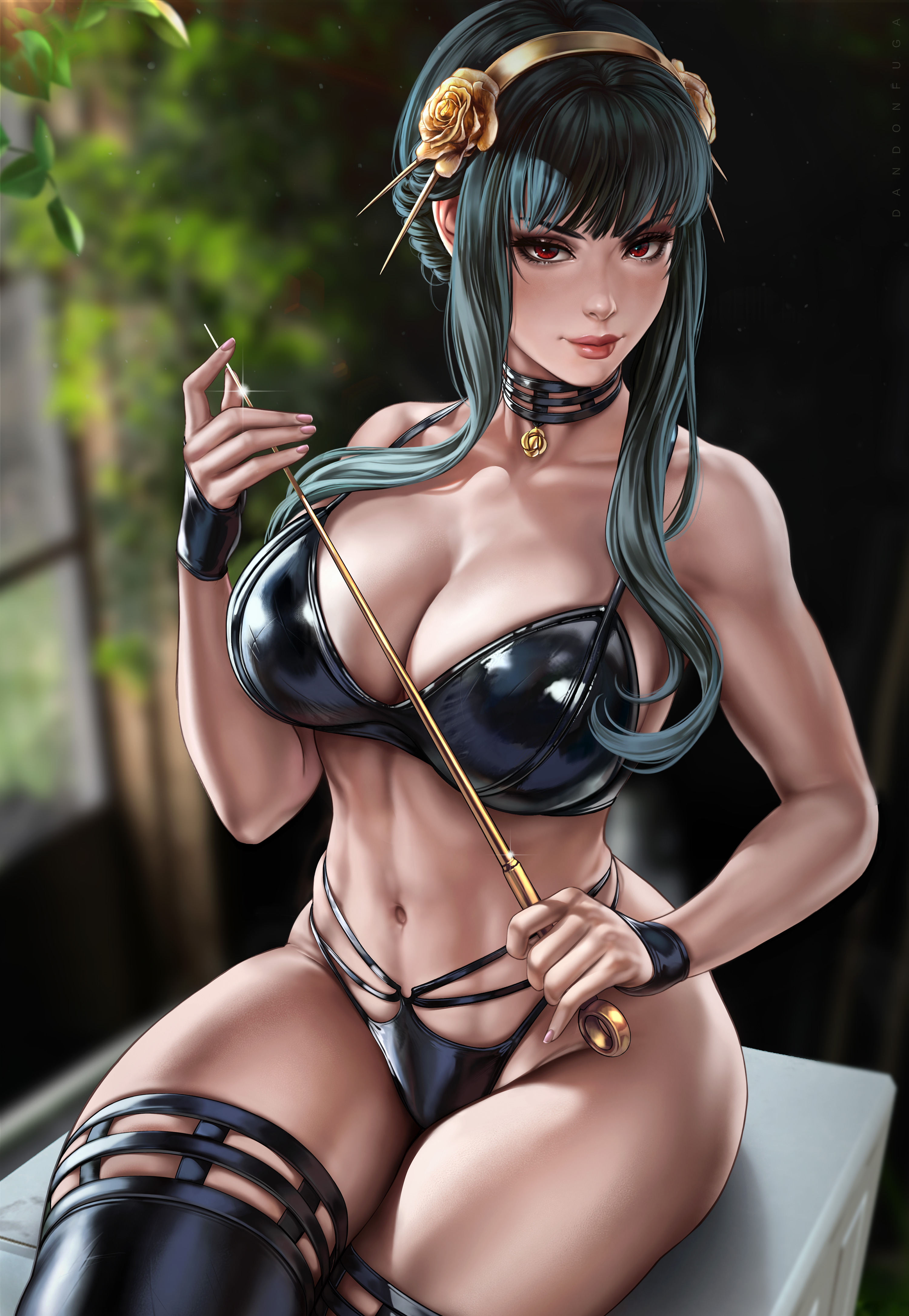 1girls, absurd res, absurdres, assassin, bangs, bare arms, bare shoulders, big breasts, big thighs, black bikini, black bikini bottom, black bikini top, black bra, black choker, black clothes, black clothing, black gloves, black hair, black panties, black swimsuit, black thighhighs, black underwear, bra, breasts, busty, chest, child bearing hips, choker, cleavage, clothed, clothed female, clothing, dandon fuga, female, female focus, female only, fingerless gloves, fingernails, fit, fit female, front view, gloves, gold hair ornament, gold hairband, hair ornament, hairband, high resolution, highres, hips, holding weapon, large breasts, large filesize, leaves, legs, legs crossed, light skin, light-skinned female, looking at viewer, mature, mature female, milf, nail polish, nails, navel, panties, pink nail polish, pink nails, plant, red eyes, sidelocks, sitting down, sitting on bench, smile, smiling, solo, solo female, solo focus, spy x family, stiletto (weapon), stomach, swimsuit, thick, thick female, thick hips, thick thighs, thighhighs, thighs, thorn princess, toned, toned female, toned stomach, underwear, very high resolution, weapon, window, yor briar, yor forger