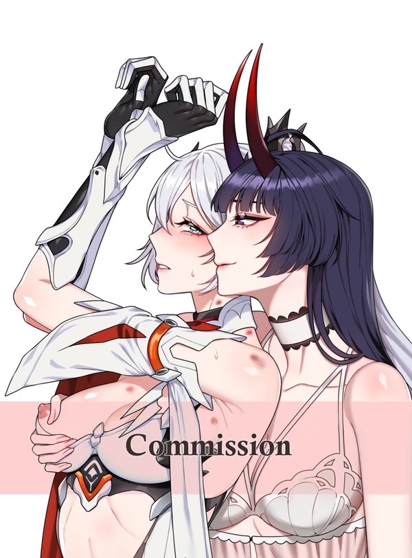 2girls, arms tied, arms up, bondage, breast grab, breasts, female, female only, fondling, fondling breast, groping, groping from behind, hickey, hickey marks, honkai (series), honkai impact 3rd, horn, horns, kiana kaslana, lesbian sex, lingerie, multiple females, multiple girls, nipples, partially clothed, purple hair, raiden mei, silver hair, tied hair, yuri