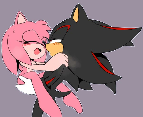 1boy, 1girls, amy rose, anthro, black fur, female, femsub, furry, gloves, long hair, male, male/female, pink fur, pink hair, plain background, shadow the hedgehog, simple background, sonic (series), sonic the hedgehog (series)