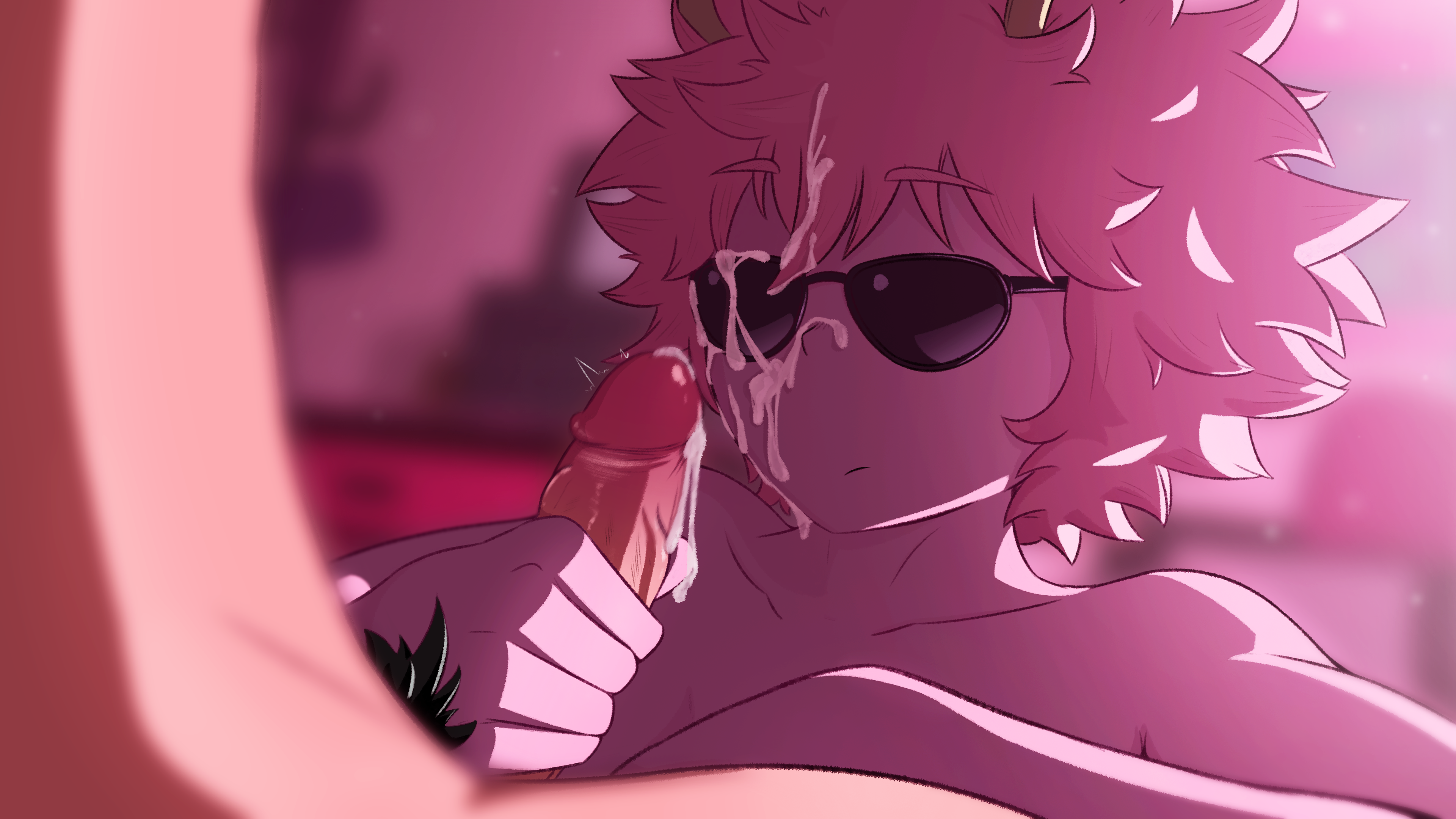 1boy, 1girls, cum, cum on face, female, female focus, greatm8, handjob, male, mina ashido, my hero academia, pink hair, pink skin, sunglasses