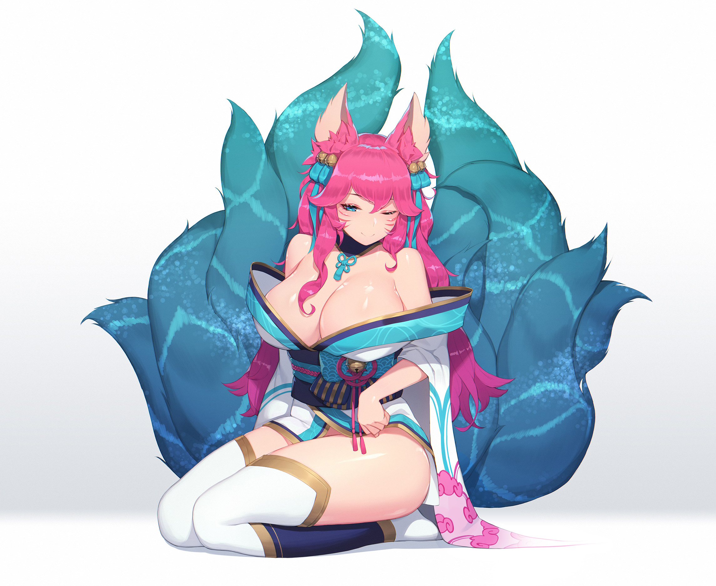 ahri, alternate costume, alternate hair color, alternate hairstyle, animal ear fluff, animal ears, animal girl, bangs, bell, big breasts, blue eyes, breasts, busty, ce- -3, child bearing hips, choker, cleavage, clothing, curvaceous, curves, curvy, curvy body, curvy female, curvy figure, curvy hips, eyelashes, eyeliner, eyeshadow, facial markings, female, fluffy, fluffy ears, fluffy tail, fluffy tails, fox, fox ears, fox girl, fox tail, furry tail, hair ornament, hair ribbon, hips, hourglass figure, huge breasts, humanoid, inner ear fluff, japanese clothes, kemonomimi, kimono, kitsune, large breasts, league of legends, light skin, light-skinned female, long hair, multi tail, nine tailed fox, pale skin, pale-skinned female, pepper0, pink hair, riot games, robe, simple background, spirit blossom ahri, spirit blossom series, tail, thick thighs, thighs, vastaya, video games, voluptuous, wide hips