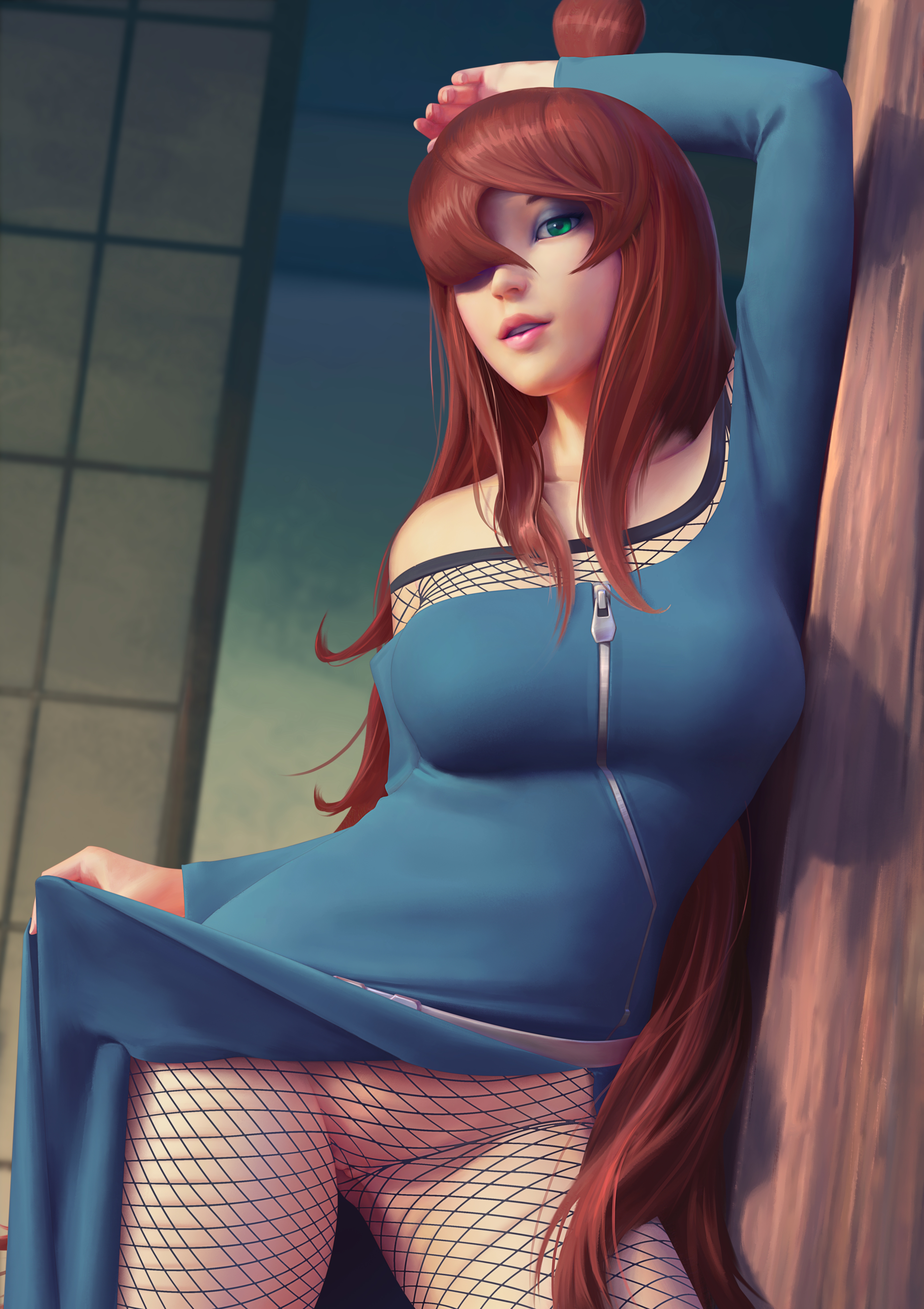 1girls, absurd res, against wall, arm over head, arm up, bangs, bare legs, bare shoulders, bare thighs, belt, big breasts, bodysuit, breasts, brown hair, bust, busty, cleavage, clothed, clothed female, clothing, clothing lift, dress, dress lift, exposed pussy, extremely large filesize, extremely long hair, eyebrows, eyelashes, eyeliner, eyeshadow, female, female only, fishnet, fishnet bodysuit, fishnets, green eyes, hair bun, hair over one eye, hairless, hairless pussy, high resolution, holding clothes, holding clothing, innie pussy, lifted, lifted by self, lipstick, long dress, long sleeves, makeup, mature female, mei terumi, mesh, misuart, mostly clothed, naruto, naruto (series), naruto shippuden, no panties, nopan, off shoulder, offering, offering to viewer, one arm up, oppai, parted bangs, pinup, pinup pose, presenting, presenting pussy, presenting self, pussy, revealing clothes, seductive, seductive eyes, seductive look, seductive mouth, seductive pose, seductive smile, see-through, see-through clothing, shaved crotch, shaved pussy, shiny, shiny hair, shiny skin, skin tight, skindentation, solo, solo female, solo focus, tied hair, topknot, uncensored, very high resolution, very long hair