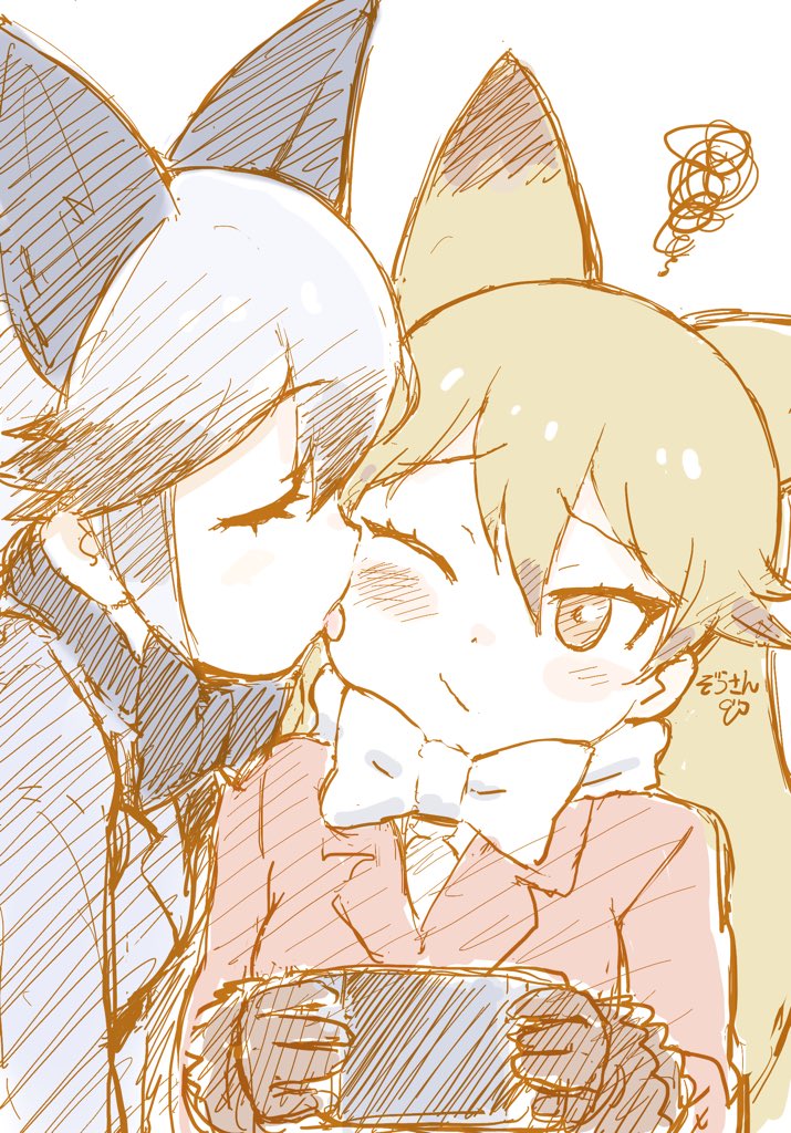 2girls animal_ears black_neckwear bow bowtie cheek_licking closed_eyes duo extra_ears eyebrows_visible_through_hair ezo_red_fox_(kemono_friends) face_licking female female_only fox_girl fur_trim gloves jacket kemono_friends kitsunemimi licking long_hair long_sleeves masuyama_ryou multiple_girls necktie nintendo_switch one_eye_closed orange_eyes orange_hair orange_neckwear silver_fox_(kemono_friends) silver_hair squiggle white_neckwear