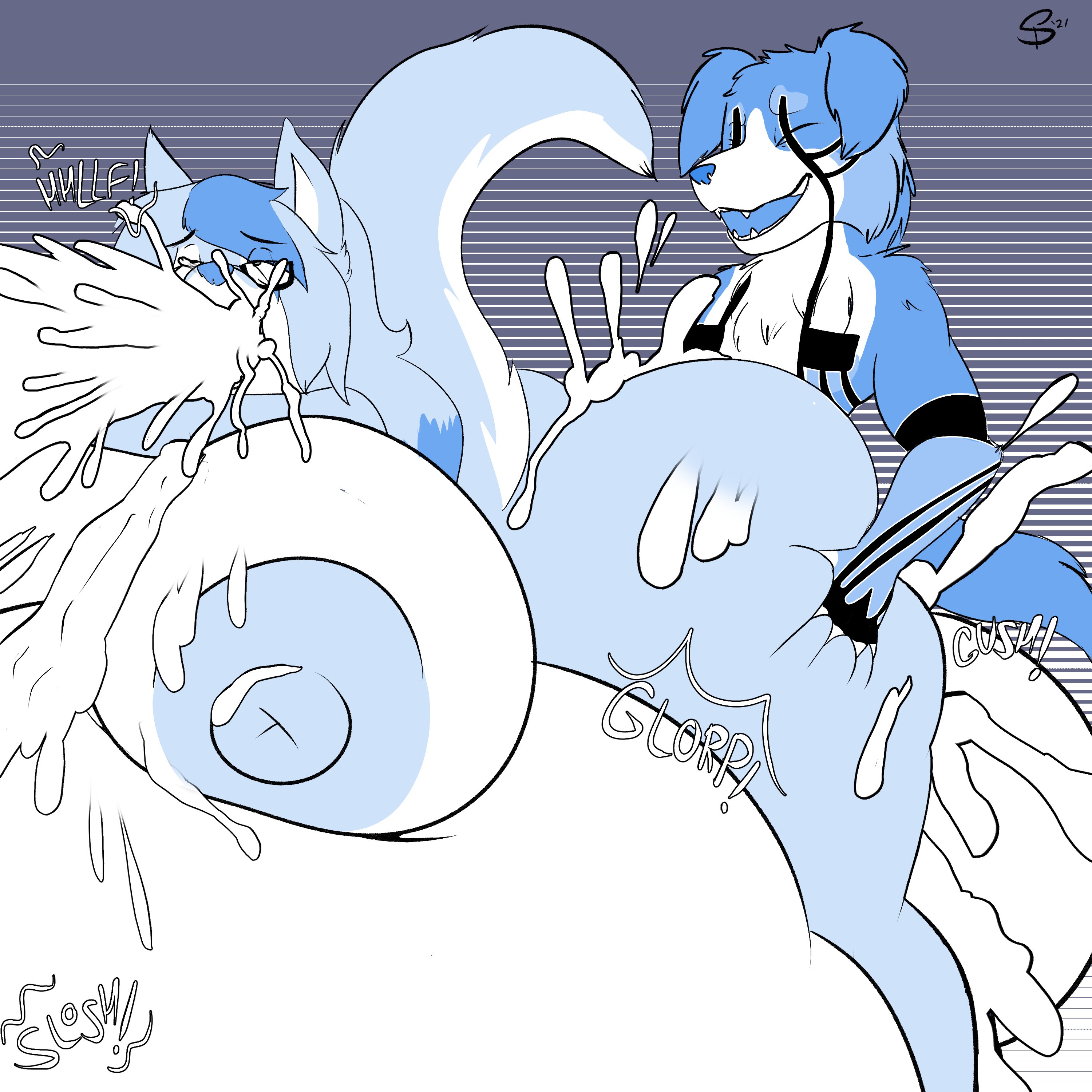 alvano amala, anthro, anthro on anthro, ass, big ass, big breasts, breasts, cum, cum inflation, cum through, cumflation, excessive cum, female, furry, glasses, inflation, sex, smiling, squealydealy
