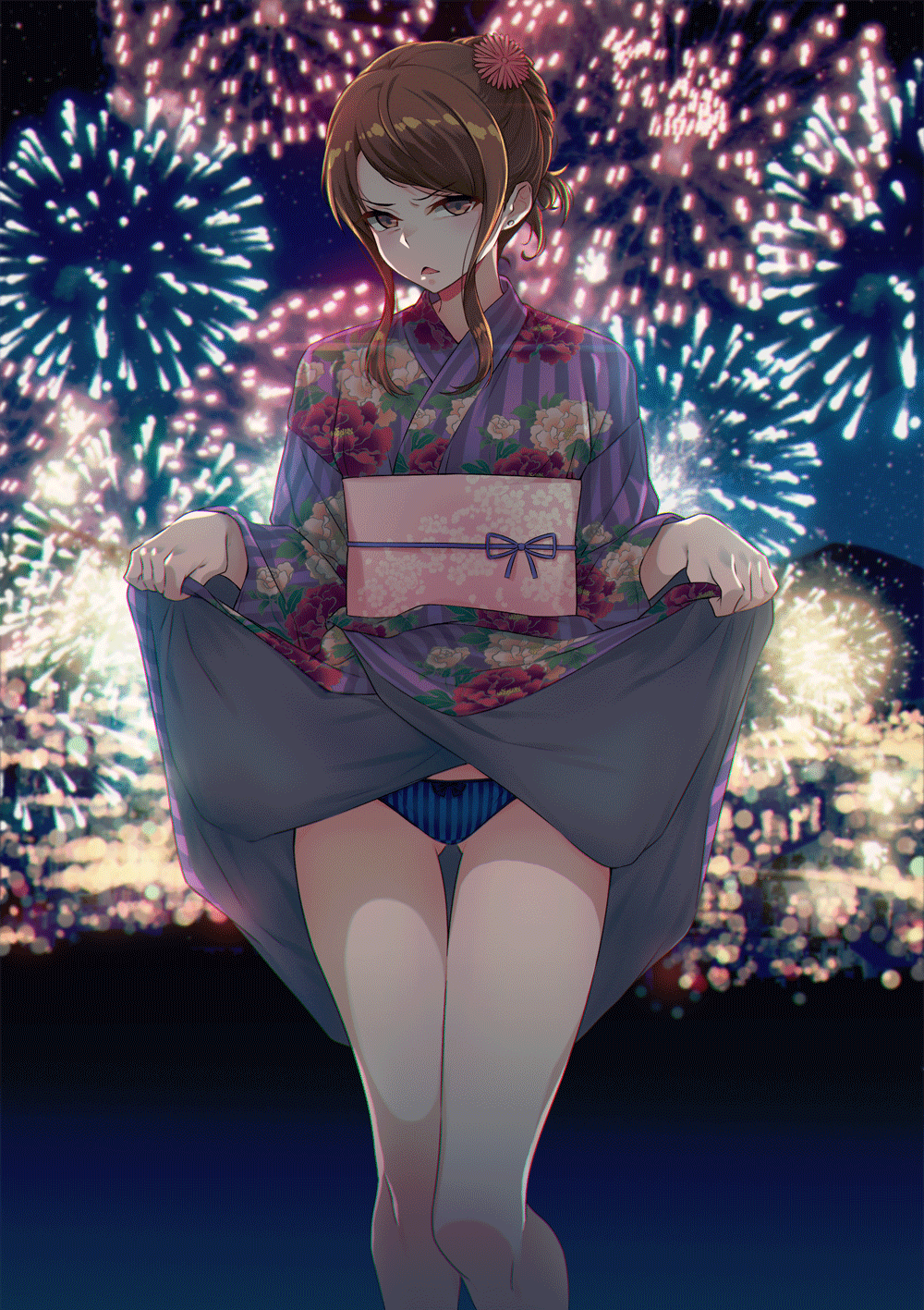 1girls 40hara ass_visible_through_thighs bangs blue_panties bow bow_panties breasts brown_eyes brown_hair clothes_lift dithering dress earrings eyebrows_visible_through_hair fireworks floral_print flower fujino_niko glaring hair_flower hair_ornament hair_up highres iya_na_kao_sare_nagara_opantsu_misete_moraitai japanese_clothes jewelry kimono kimono_lift lifted_by_self long_hair looking_at_viewer night obi open_mouth outdoors panties parted_bangs purple_kimono sash sidelocks solo standing striped striped_kimono striped_panties stud_earrings thighs underwear v-shaped_eyebrows vertical-striped_kimono vertical-striped_panties vertical_stripes